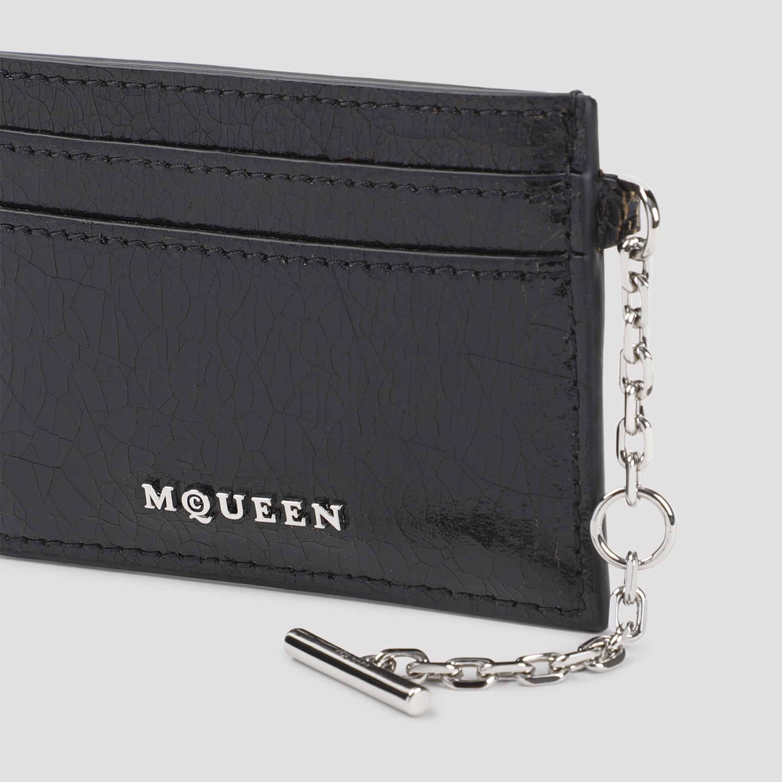 Alexander Mcqueen Leather Sling Card Holder In Black Caramel Silver