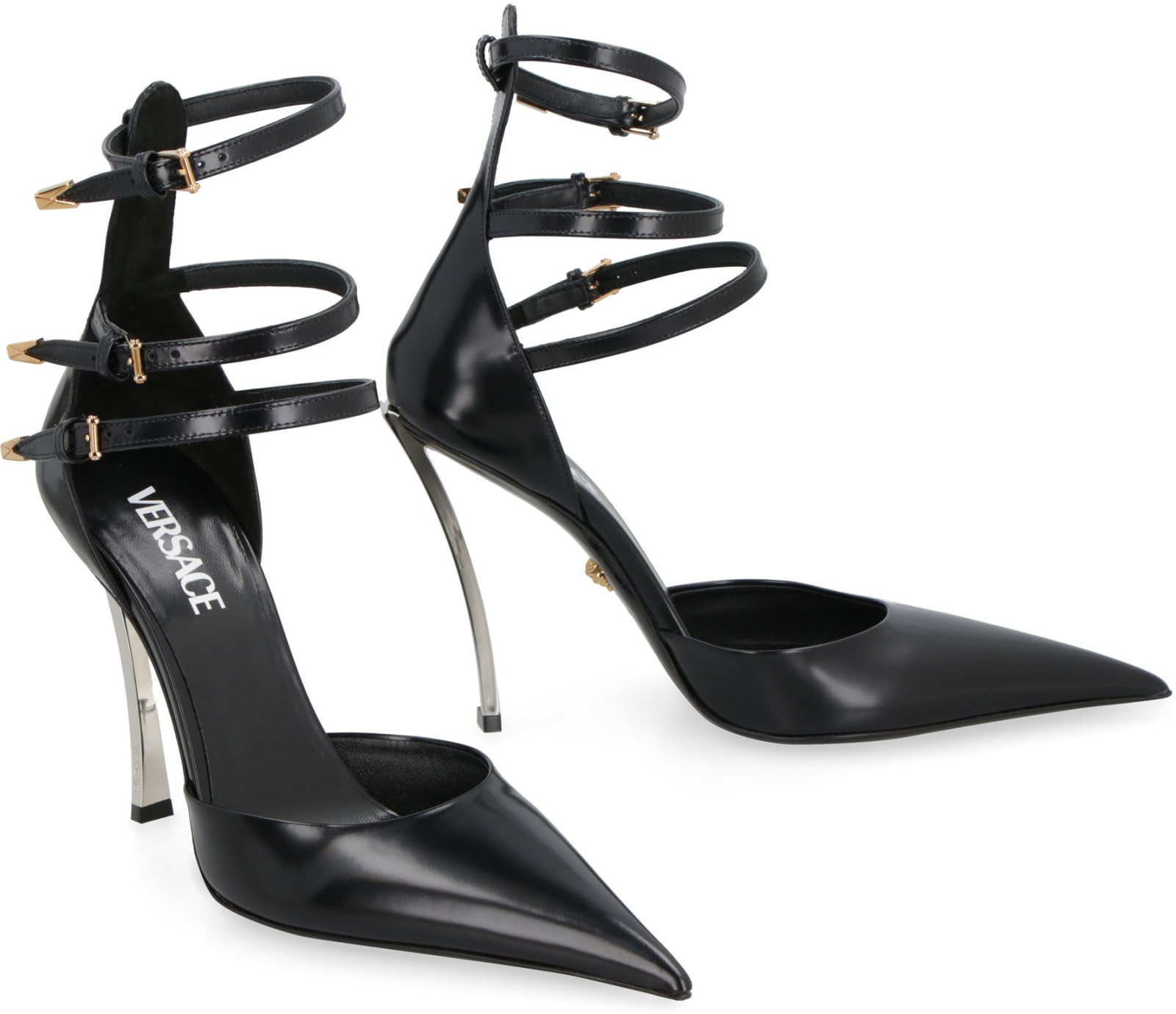 Shop Versace Leather Pointy-toe Pumps In Black