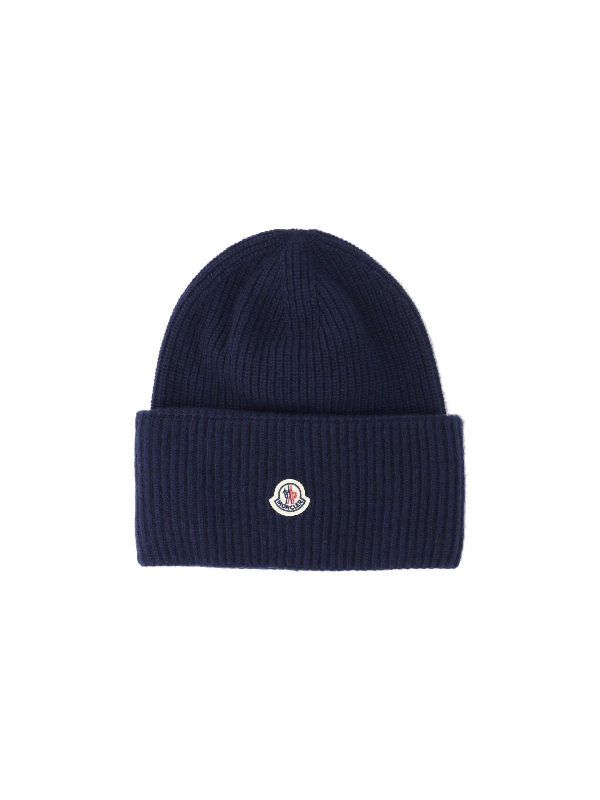 Shop Moncler Logo Beanie In Blue