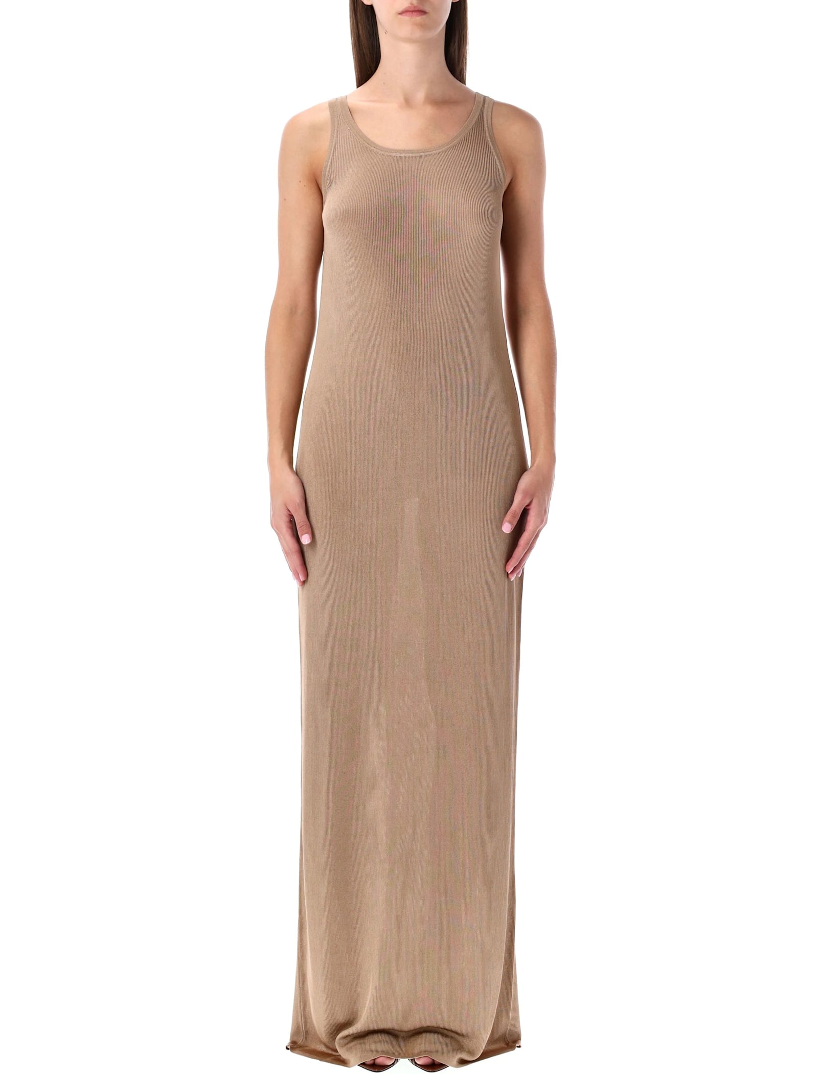 Saint Laurent Beige Rib-knit Long Tank Dress In Brown