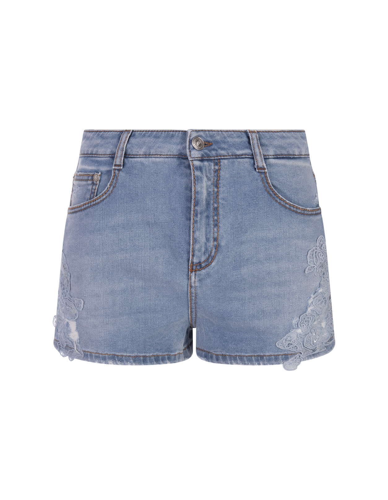 Blue Denim Shorts With Lace