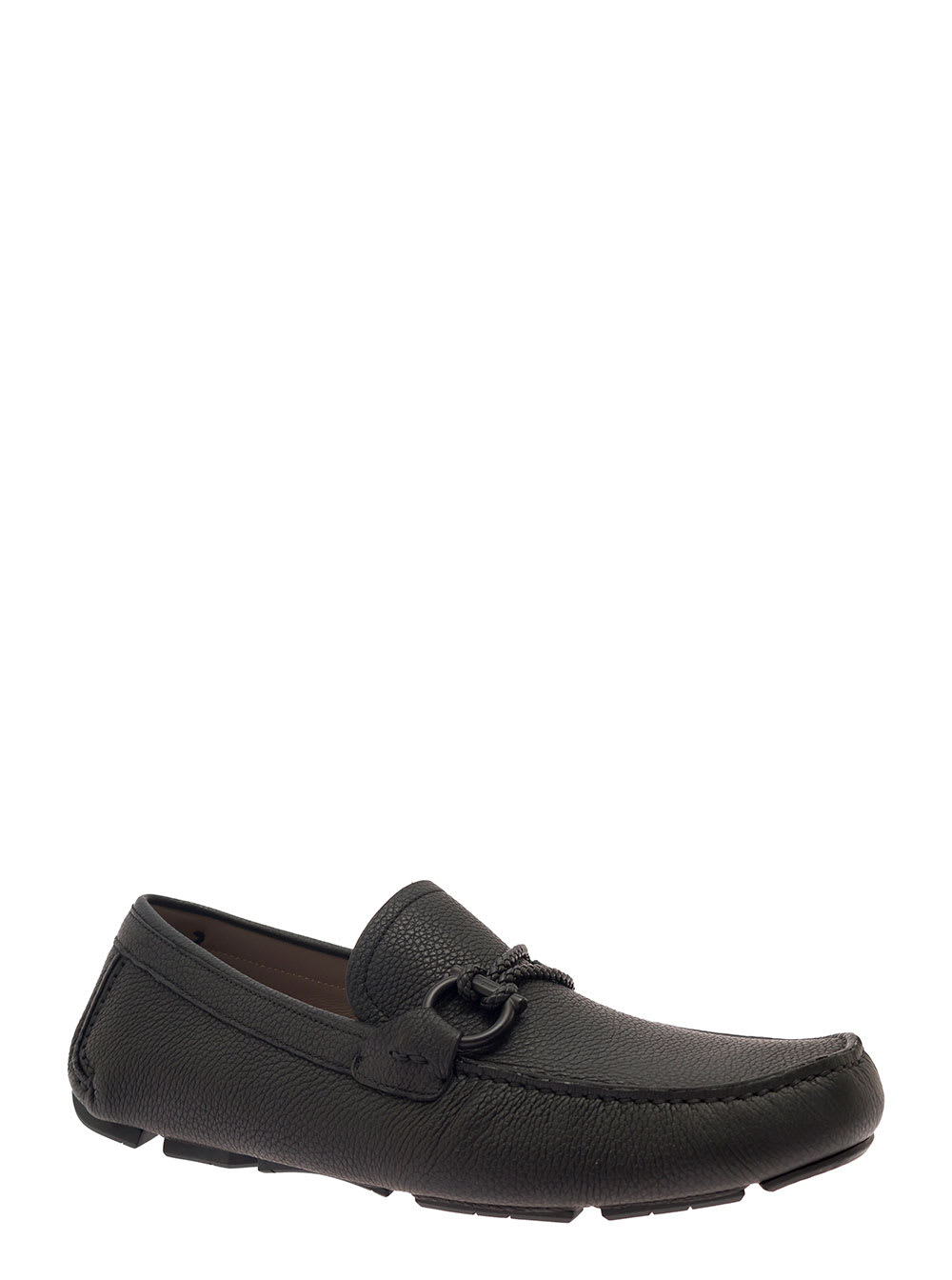 Ferragamo Black Slip-on Loafers With Gancini Detail In Hammered Leather Man In Black