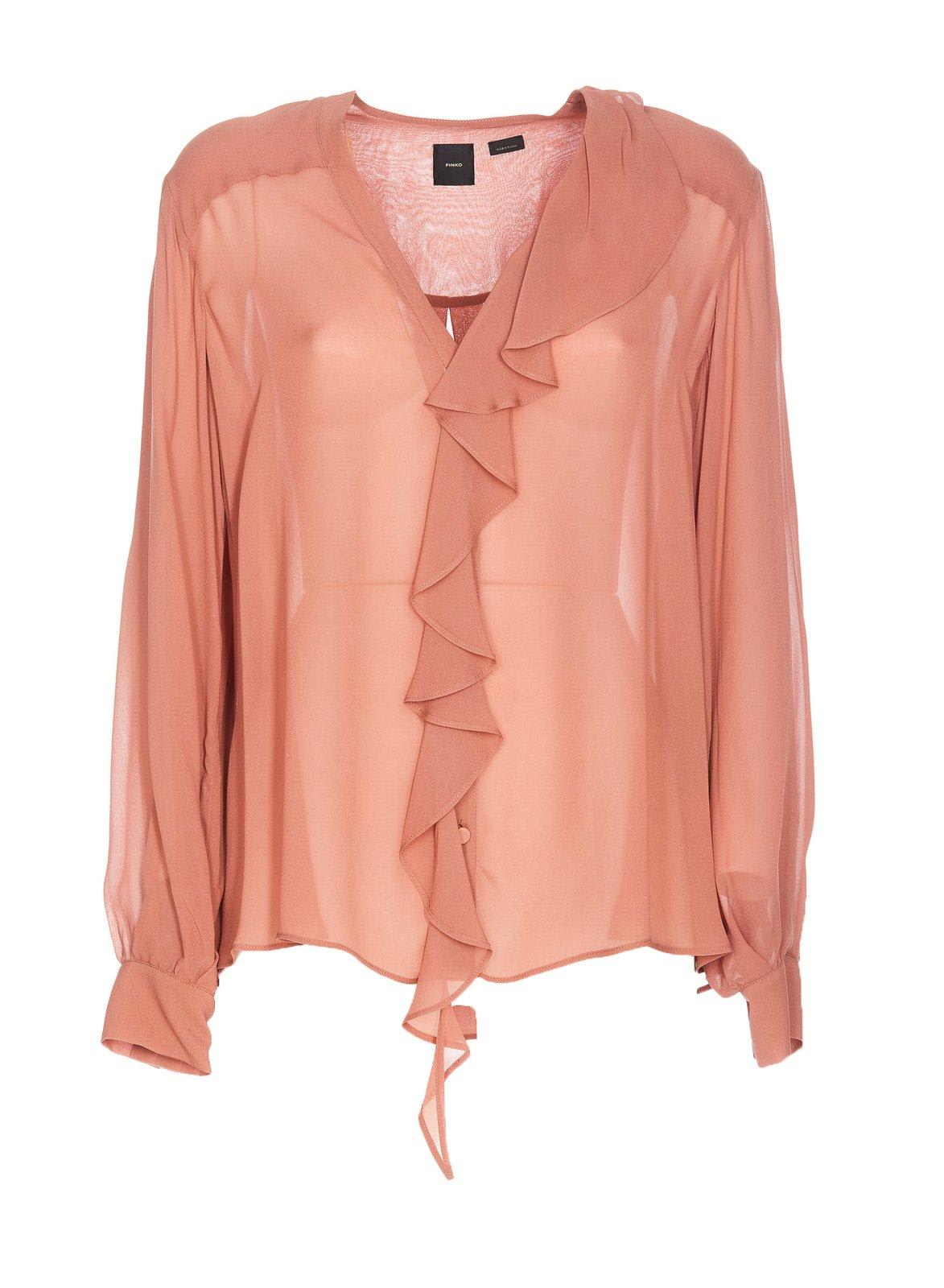 Shop Pinko Ruffled Long-sleeved V-neck Shirt In Brown