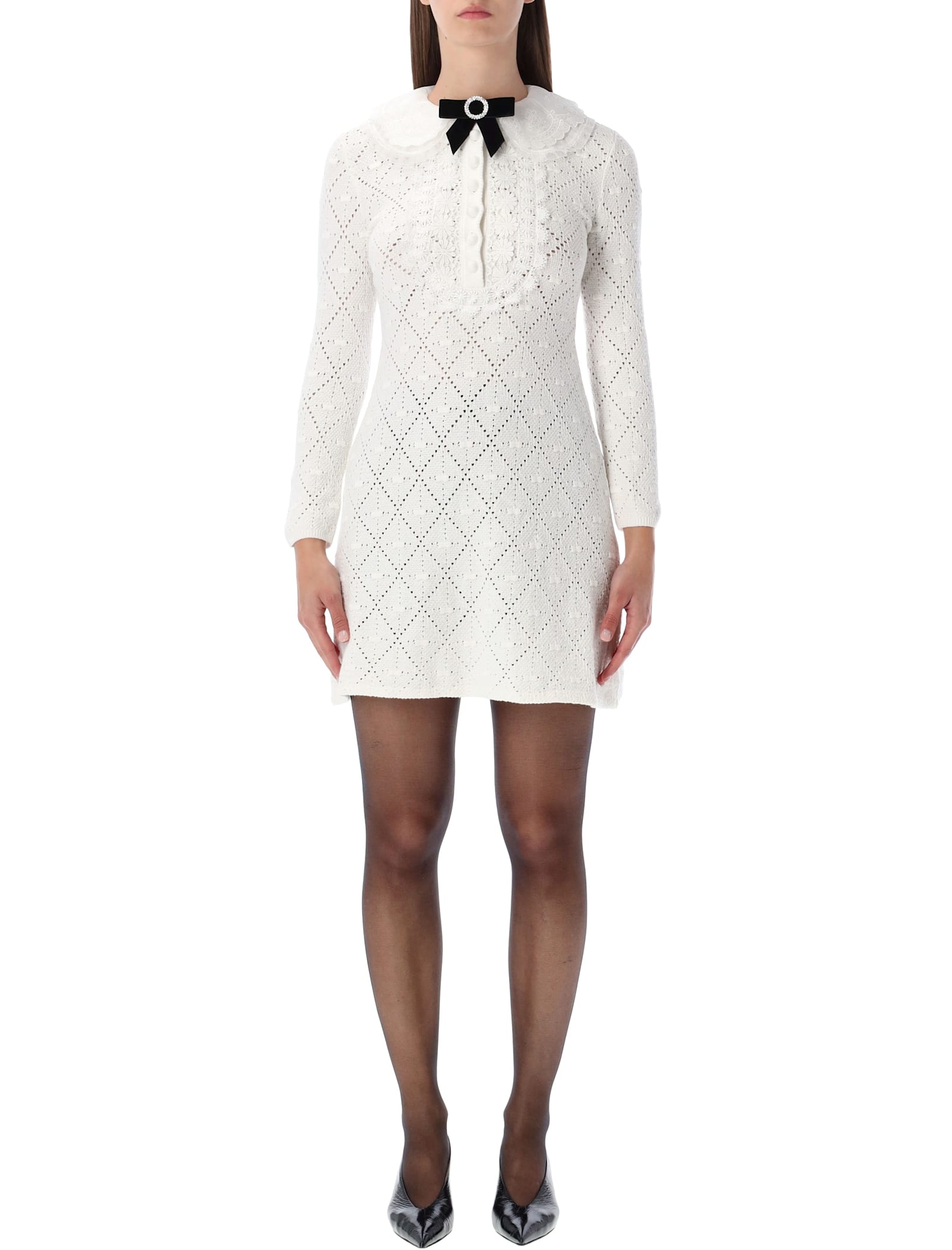 Self-portrait White Lace Knit Mini Dress With Removable Bow