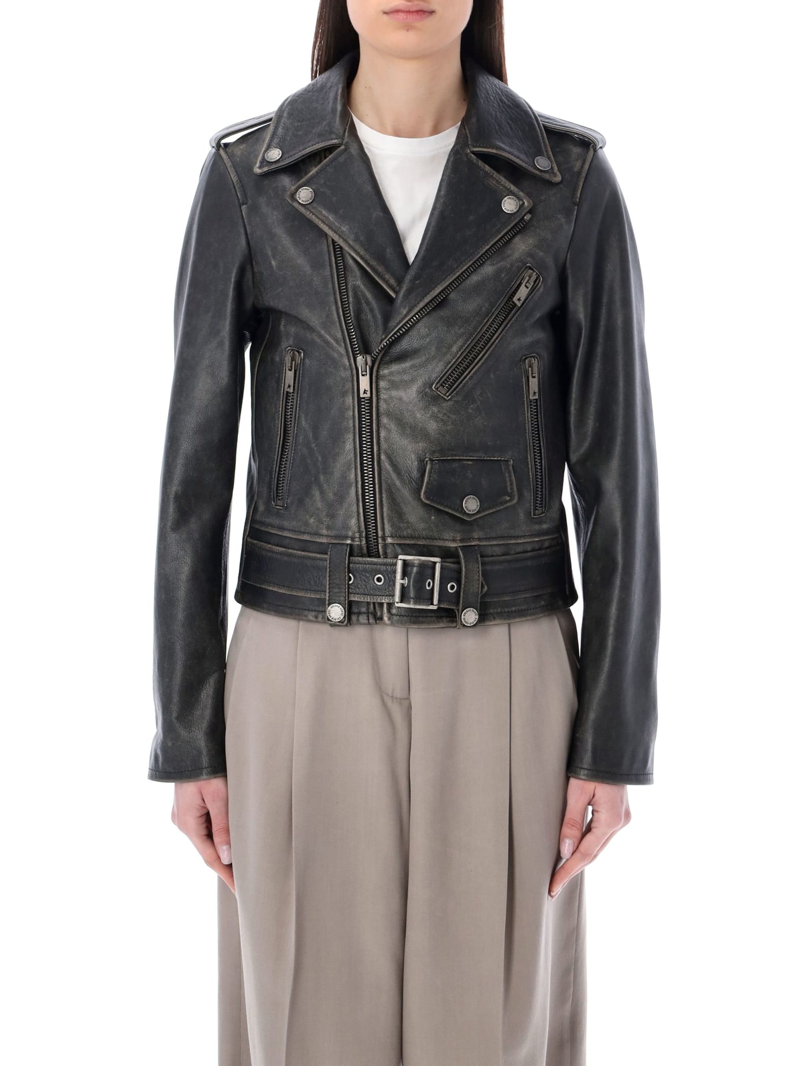 Golden Goose Black Vintage-effect Leather Perfecto Biker Jacket In Black