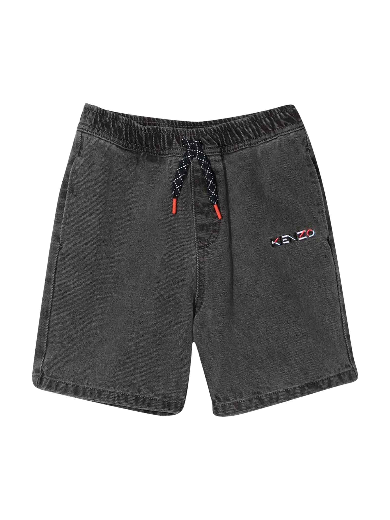 Kenzo Kids Dark Gray Boy Shorts With Acid Wash Embroidered With Logo Featuring Embroidered Logo On The Front, Embroidered Logo On The Back, Drawstring At The Ela