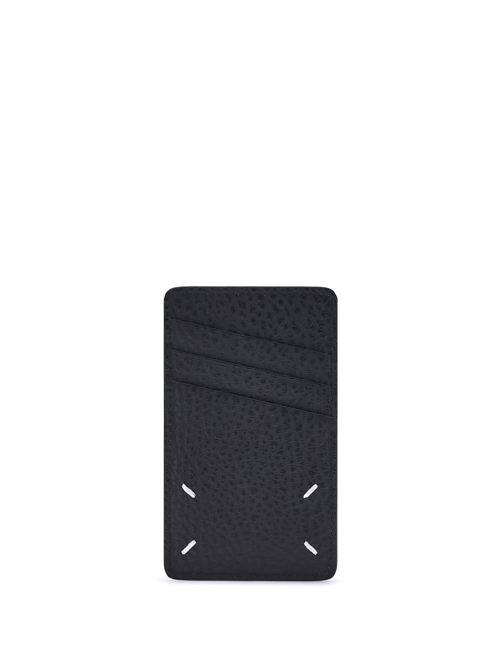 Maison Margiela Leather Card Holder With Embossed Texture And Contrasting Stitching In Black