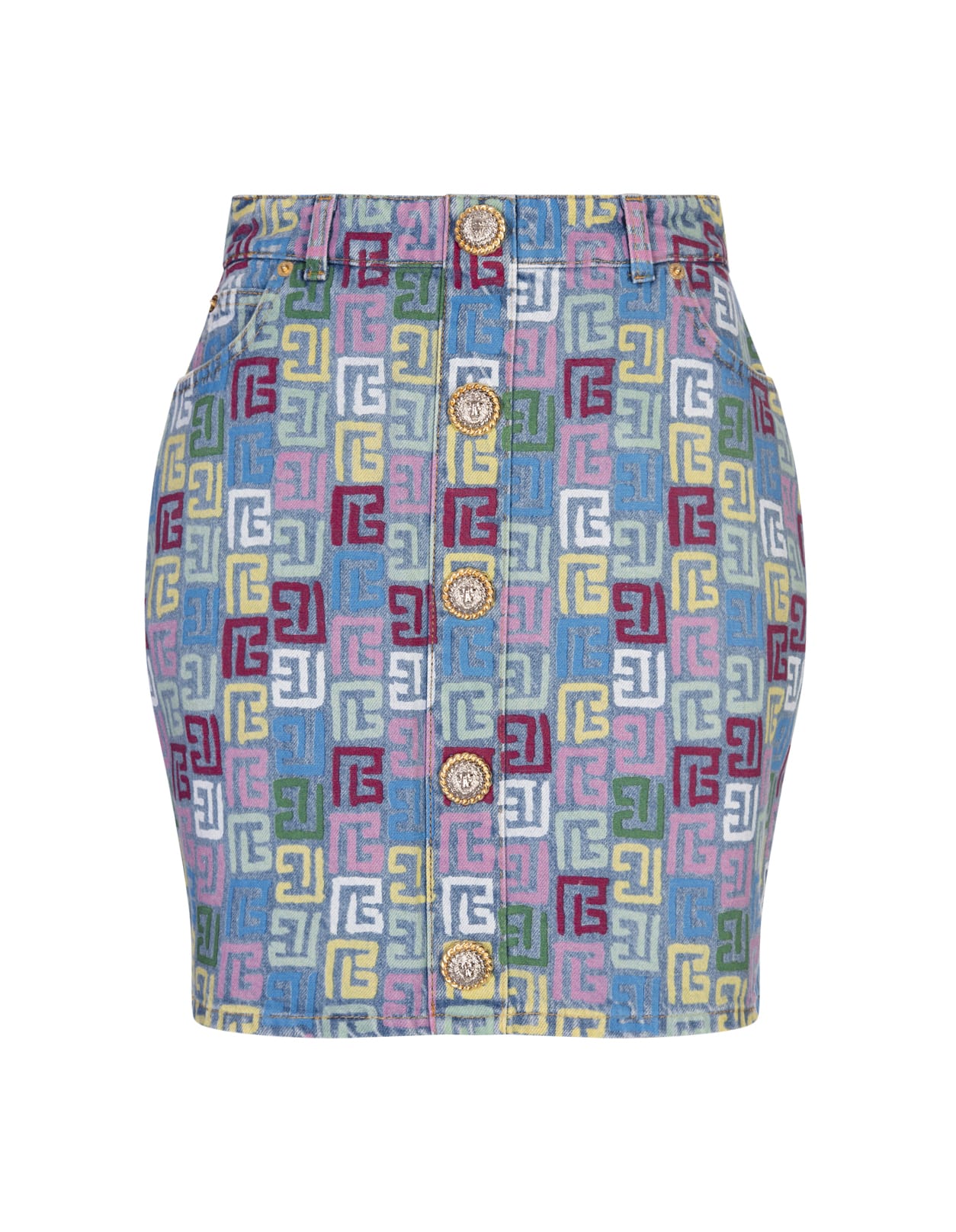 Shop Balmain Monogram Denim Short Skirt In Blue