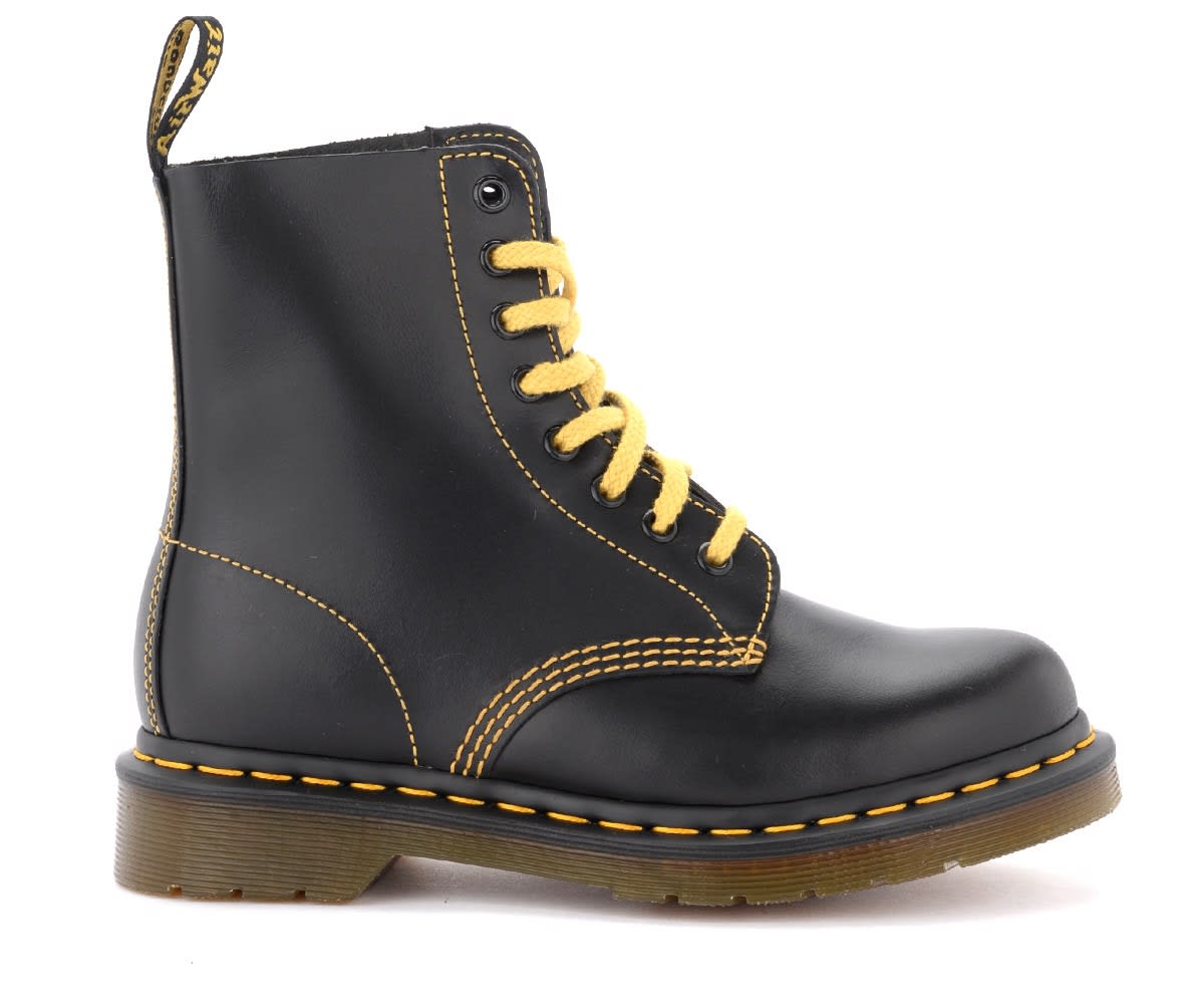 Buy Dr. Martens Dr Martens Pascal Model 8-holes Combat Boot In Black Leather With Yellow Stitching online, shop Dr. Martens shoes with free shipping