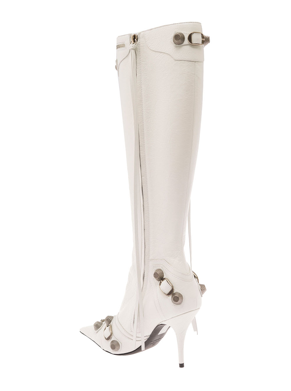 Shop Balenciaga Cagole White Pointed High-boots With Studs And Buckles In Leather Woman