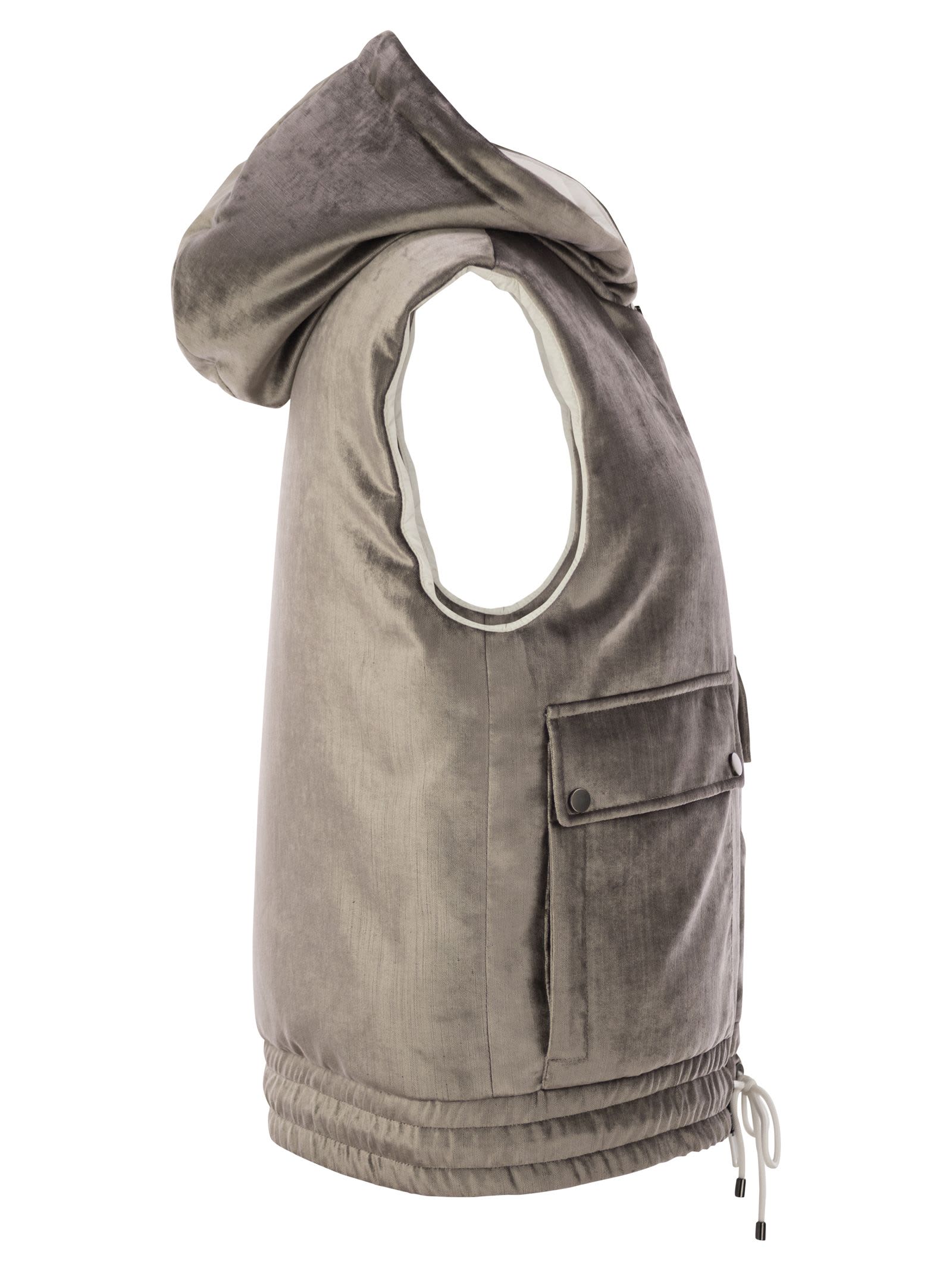 Shop Brunello Cucinelli Sleeveless Velvet Down Jacket Sleek In Silver