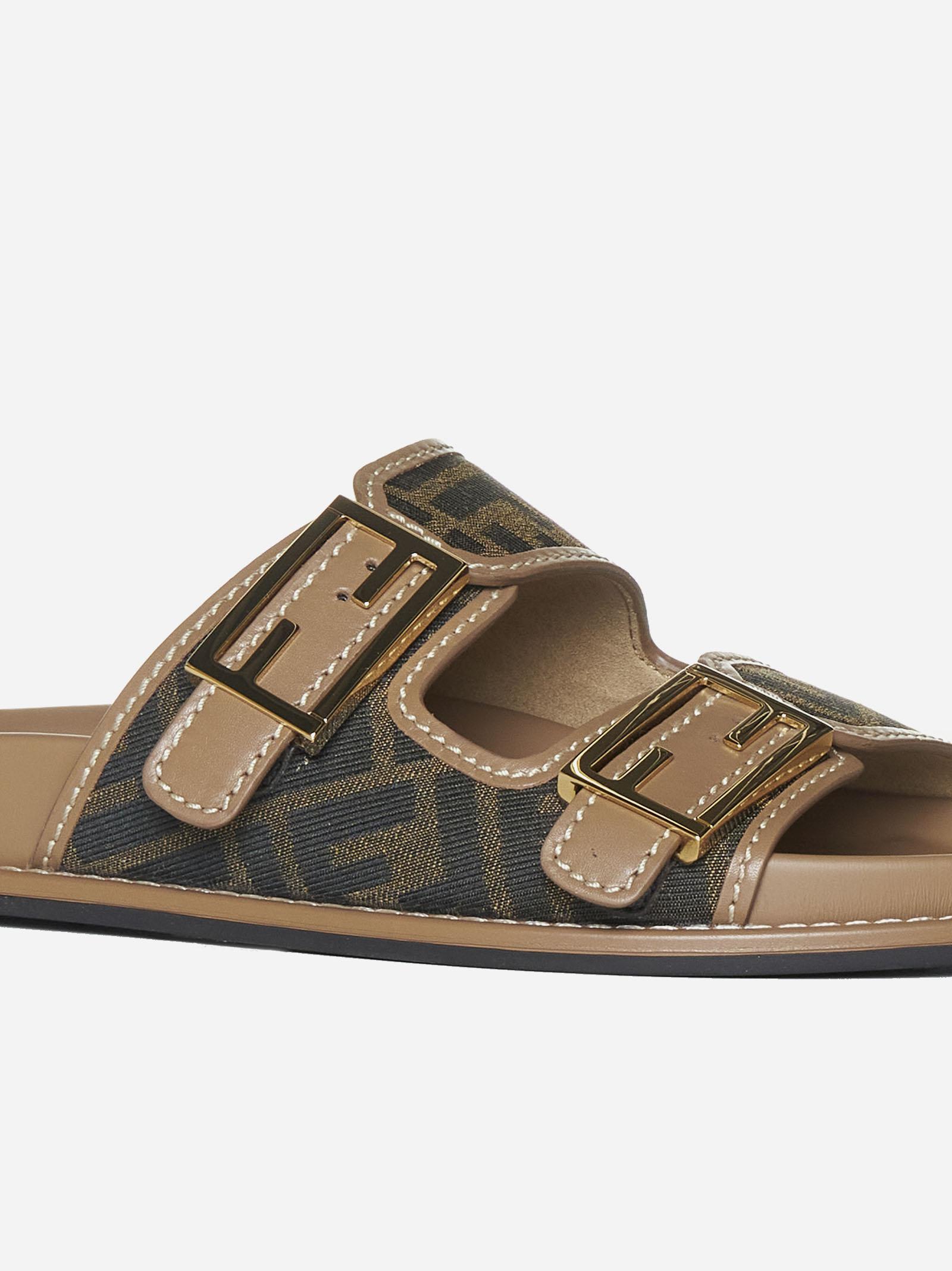 Shop Fendi Feel Ff Fabric And Leather Slides In Brown