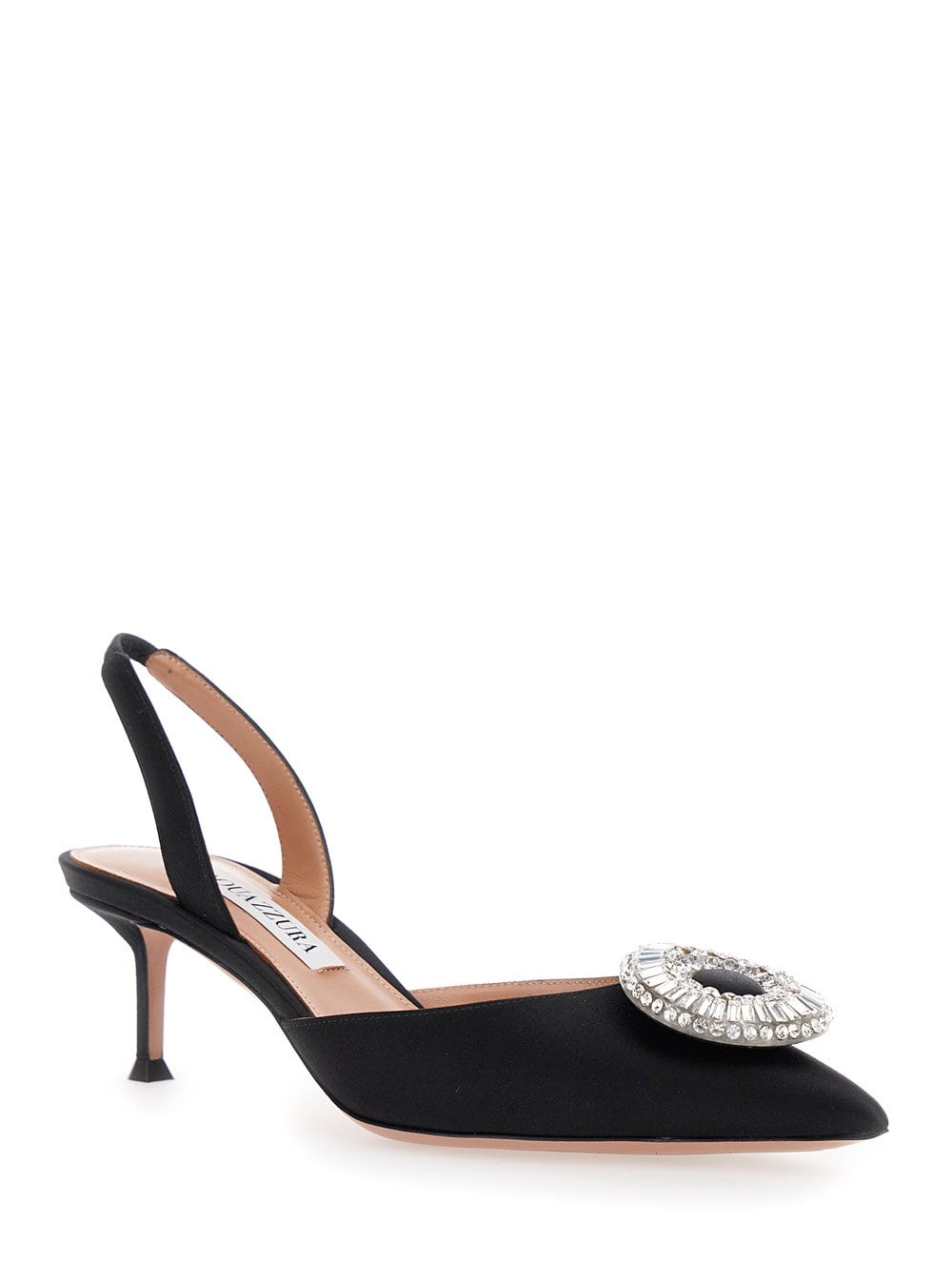 Aquazzura Crystal Hoop Black Slingback Pumps With Rhinestoned Embellishment And Kitten Heel In Tech Fabric Wom In Multi
