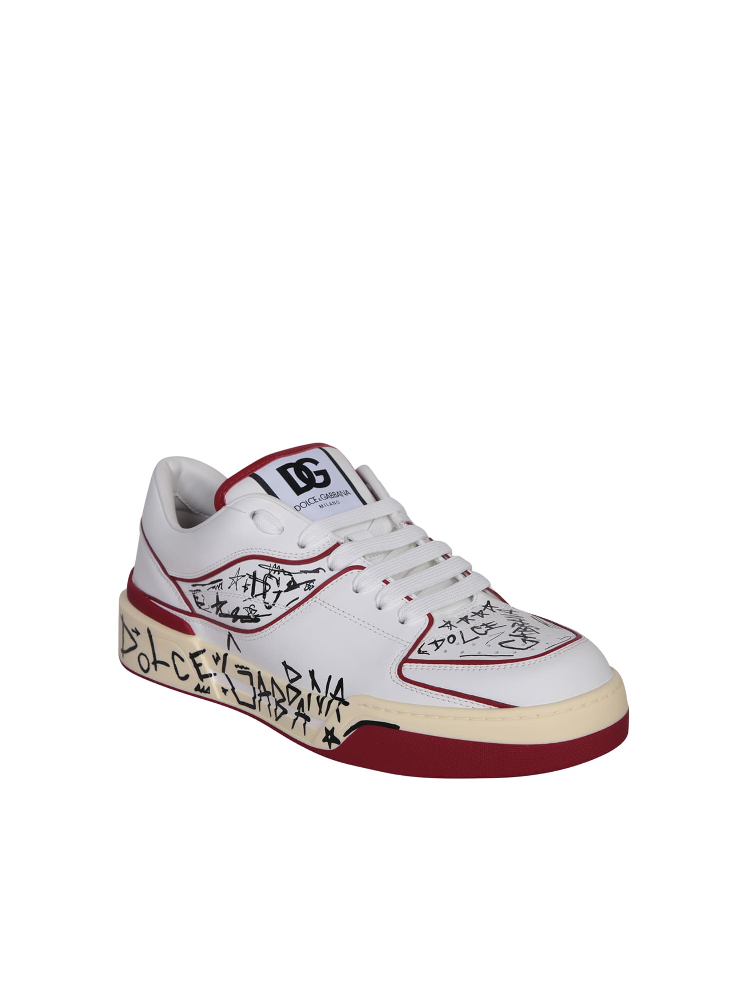 Shop Dolce & Gabbana New Roma Allover Graffiti Sneakers In White With Red Accents
