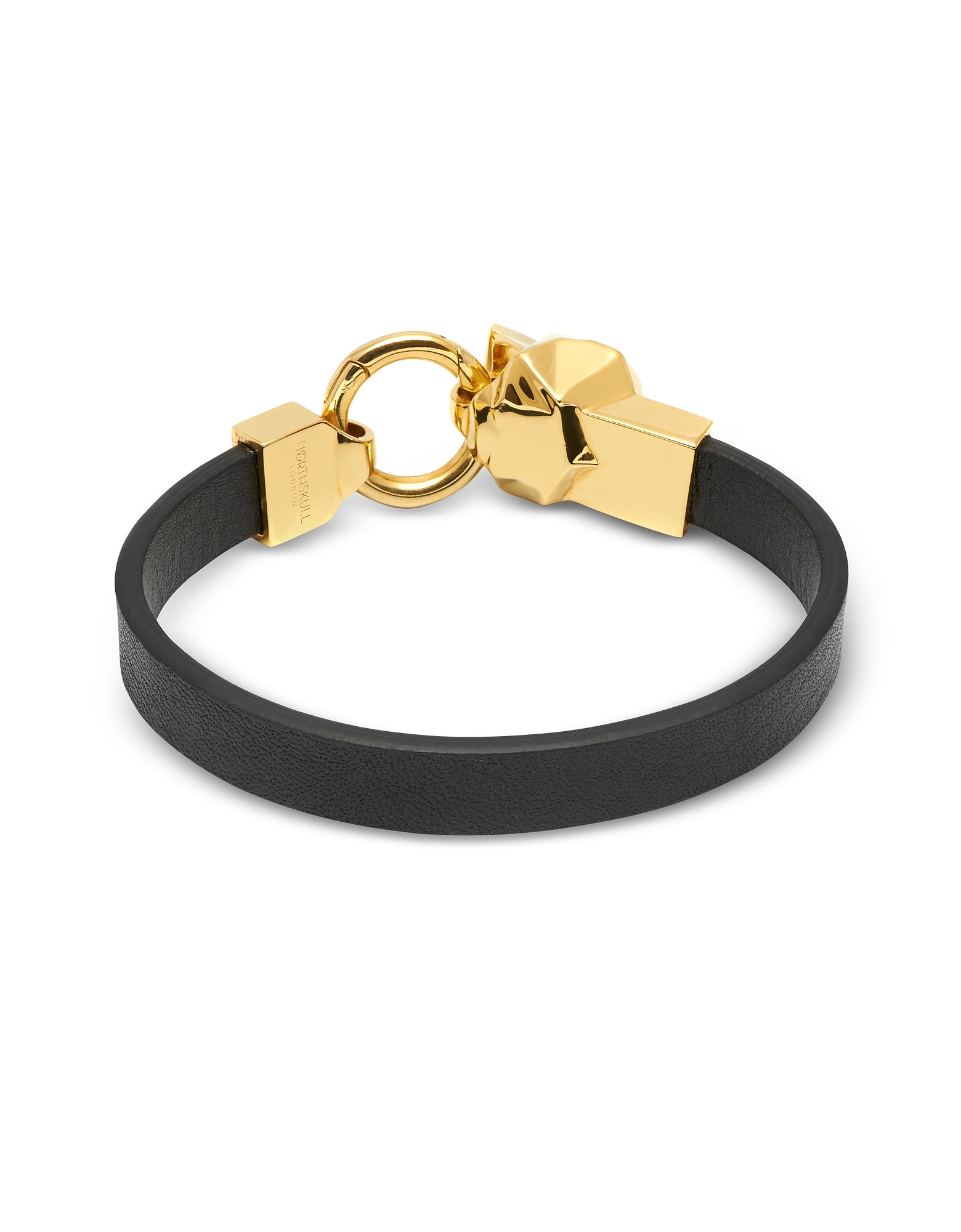 Shop Northskull Hexagus Skull Yellow Gold Lated Brass Leather Bracelet In Black
