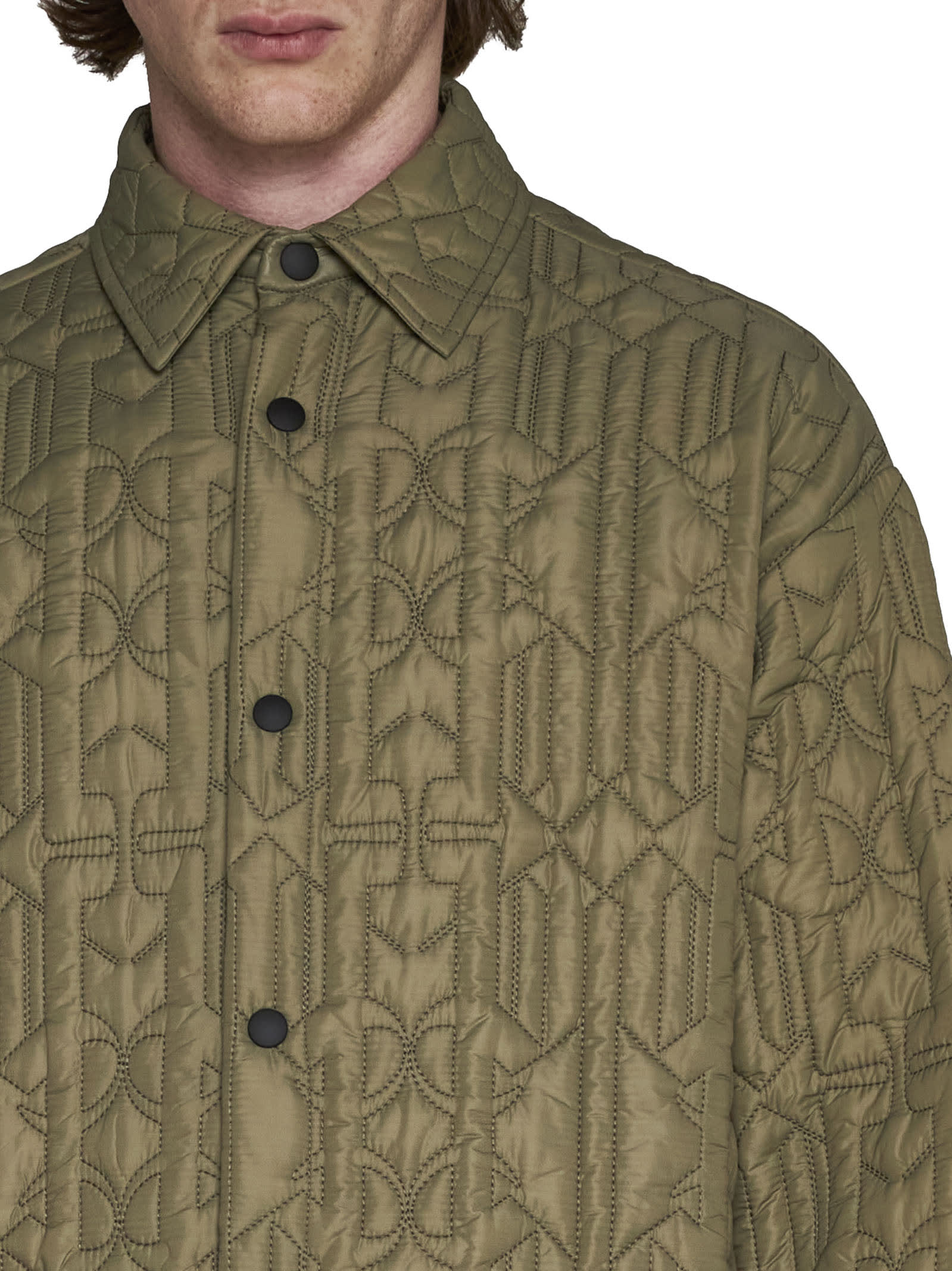 Palm Angels Monogram Quilted Nylon Overshirt In Military B