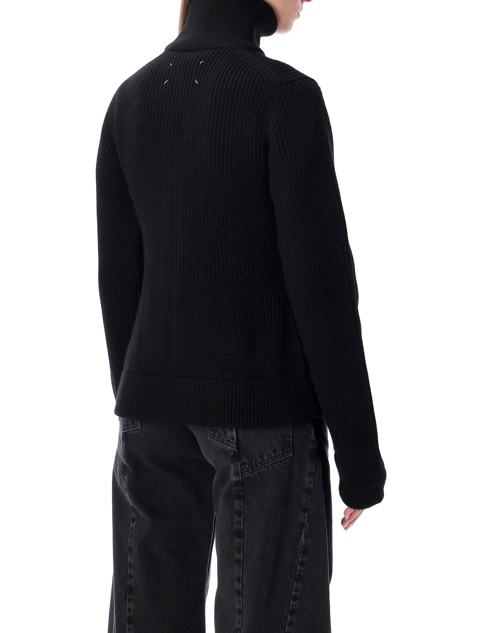 Maison Margiela Wool Ribbed Zip-up High-neck Cardigan In Black