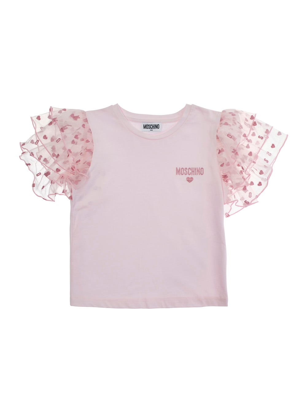 Moschino Pink T-shirt With Logo Lettering On The Front And Jacquard Motif On The Sleeves In Cotton Girl In Pink
