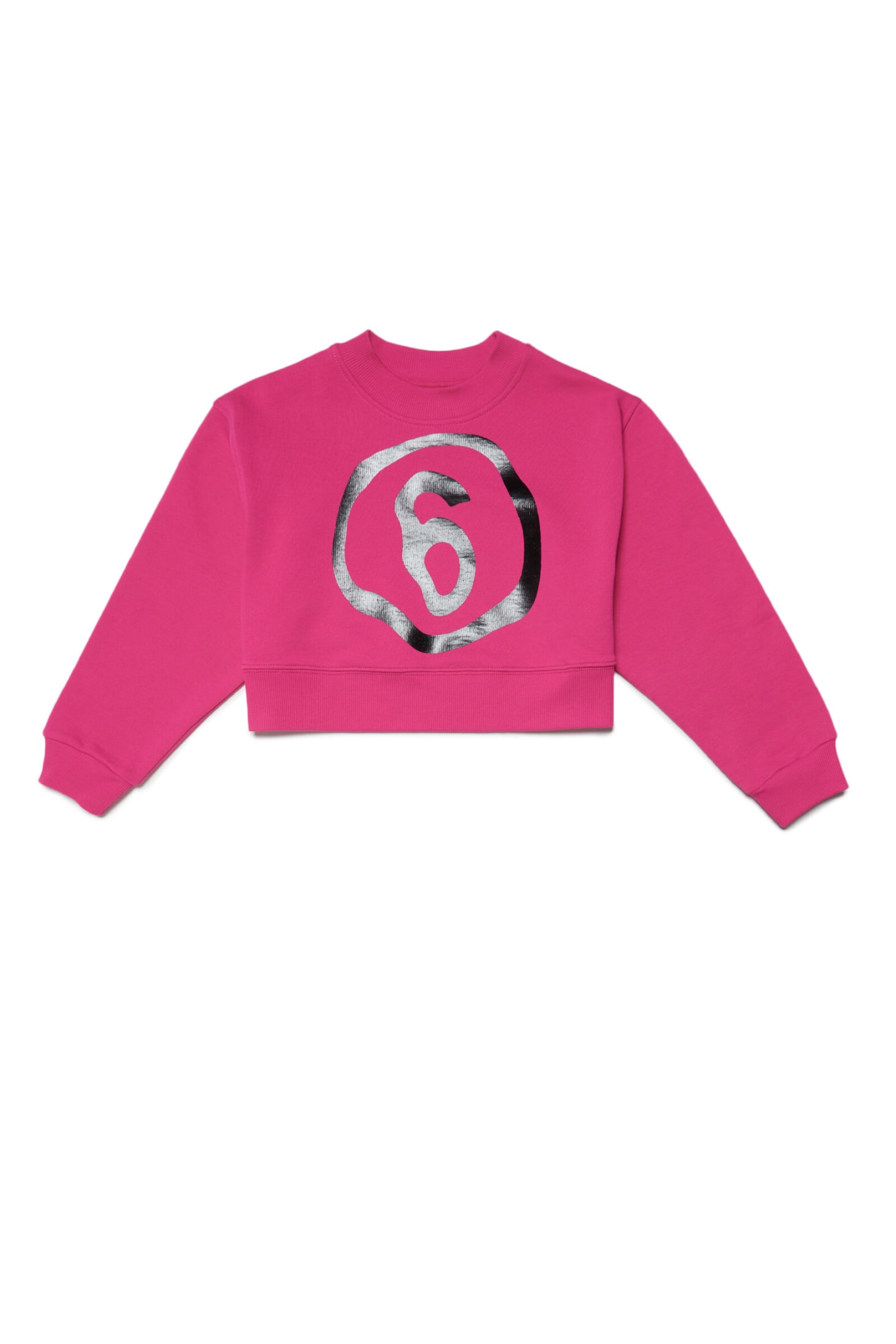 Shop Mm6 Maison Margiela Mm6s53u Sweat-shirt Maison Margiela Pink Cropped Crew-neck Cotton Sweatshirt With Fluid Effect Logo In Fucsia