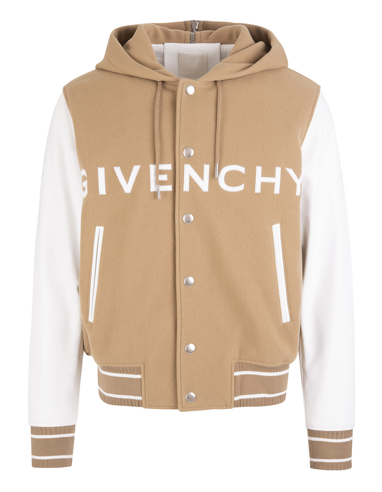 GIVENCHY MAN WHITE AND BEIGE HOODED BOMBER IN WOOL AND LEATHER