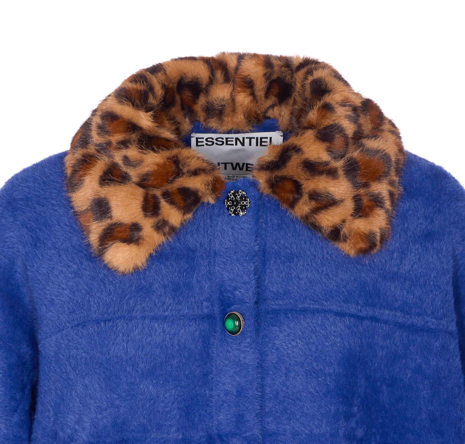 Essentiel Antwerp Leopard-print Collar Embellished-button Cardigan In Blue