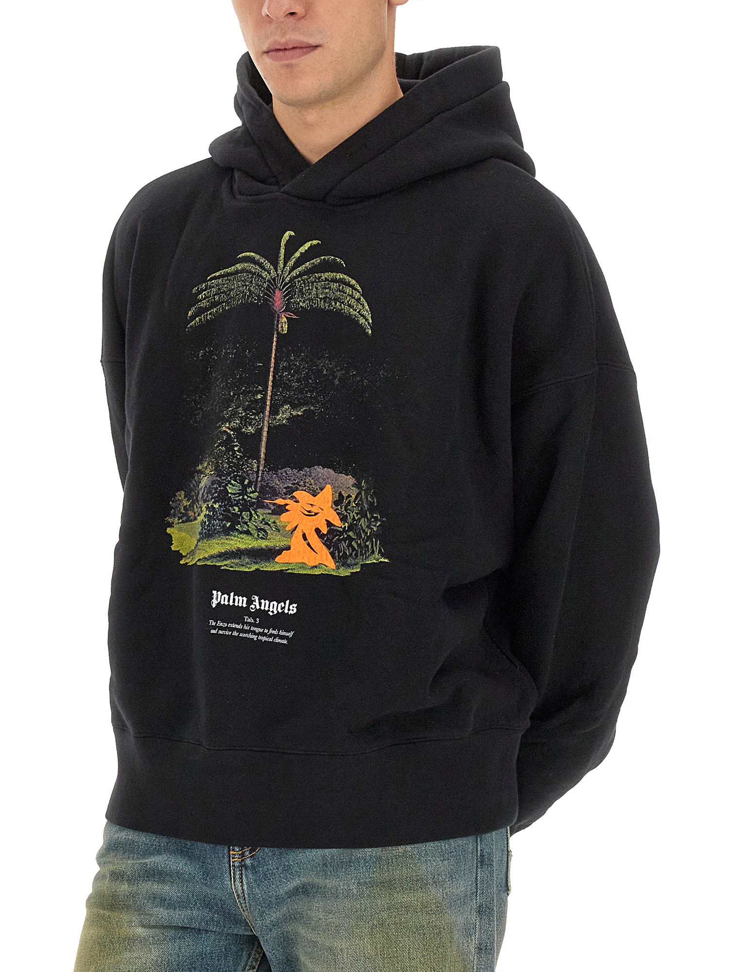 Palm Angels Enzo Graphic Print Hoodie With Ribbed Finish In Black/orange
