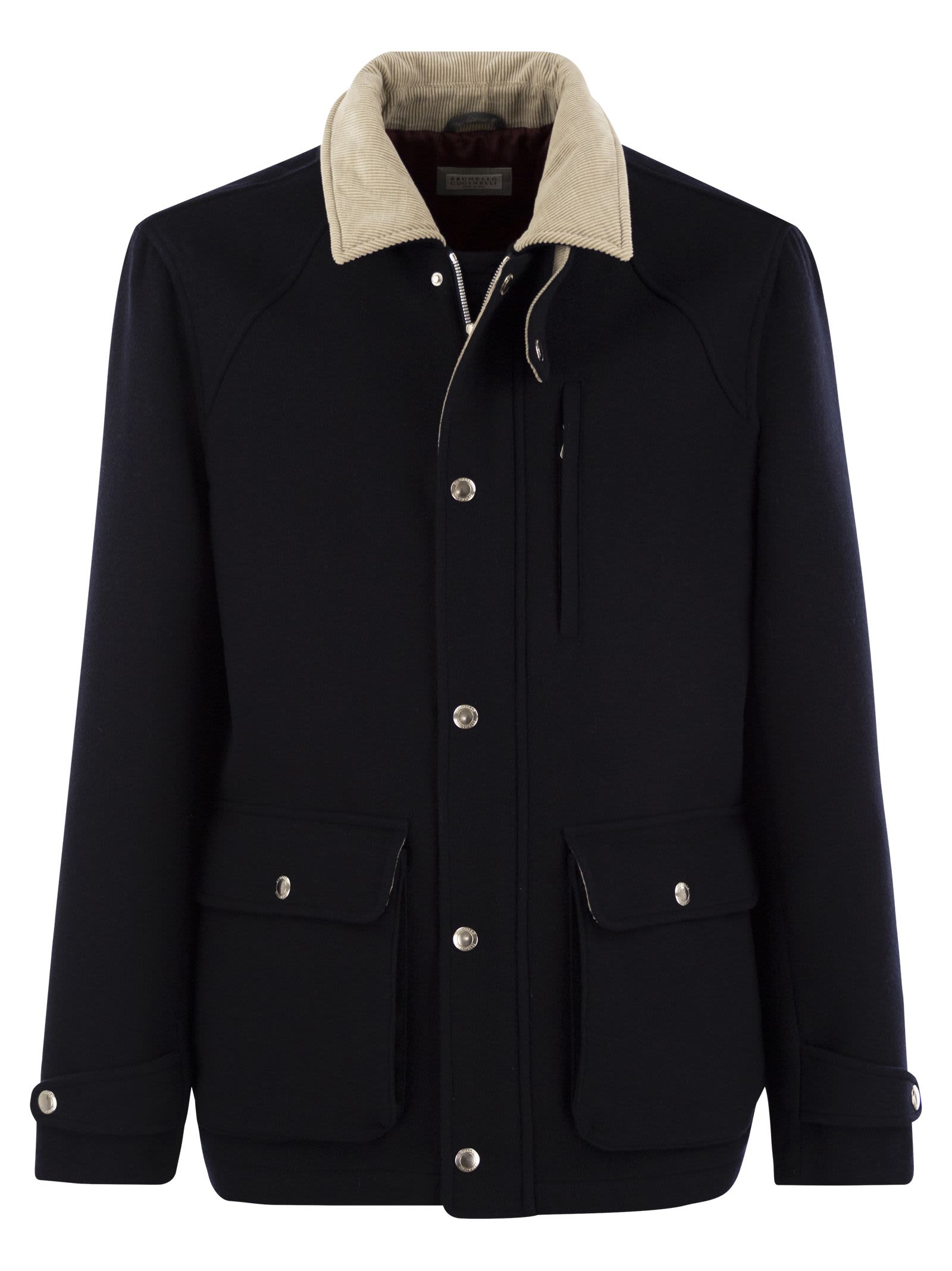 Brunello Cucinelli Outerwear In Beaver Double Wool With Corduroy Inserts In Navy