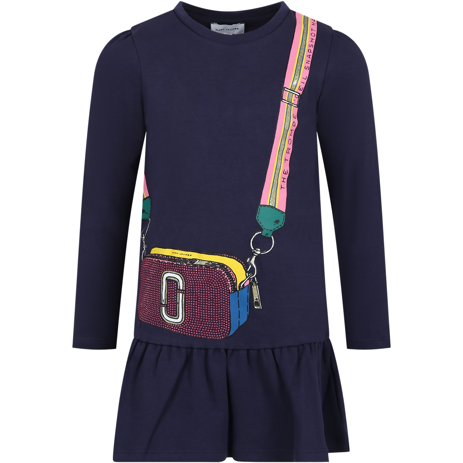 Little Marc Jacobs Kids' Blue Dress For Girl With Bag Print And Logo