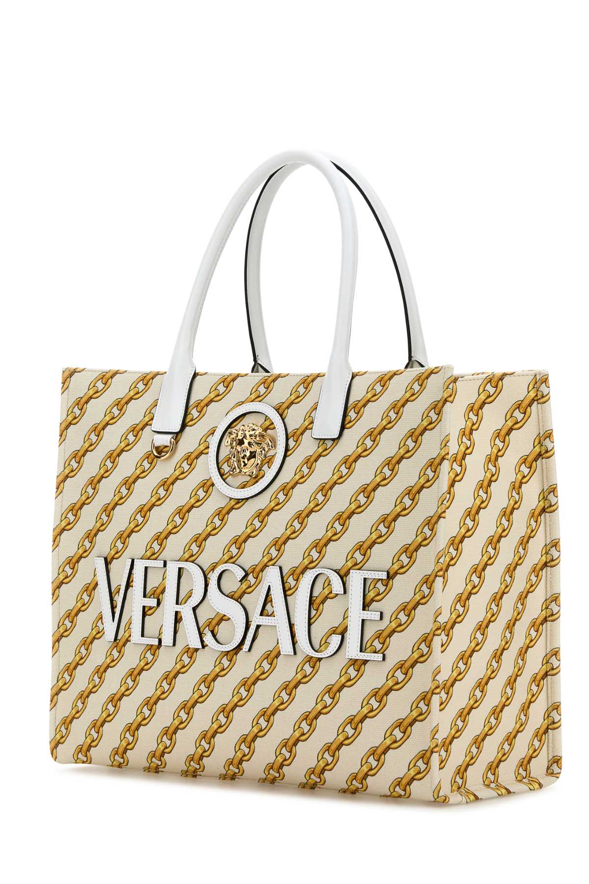 Versace Embroidered Canvas Large Chain Stripes Shopping Bag In Porcelainwhitemulticolorgold