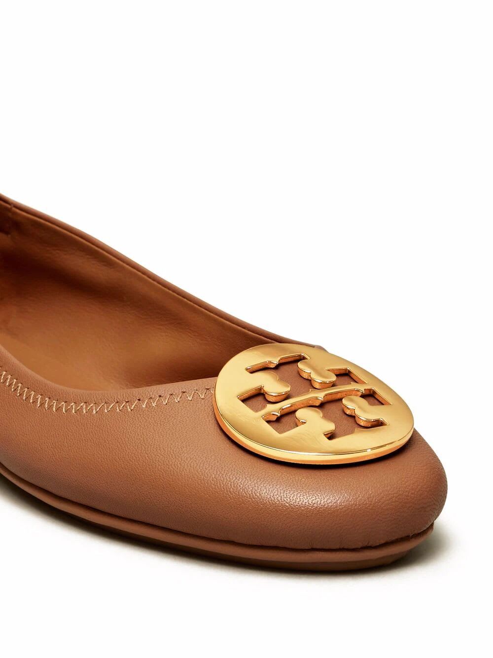 Shop Tory Burch Minnie Travel Ballet With Metal Logo In Royal Tan Gold