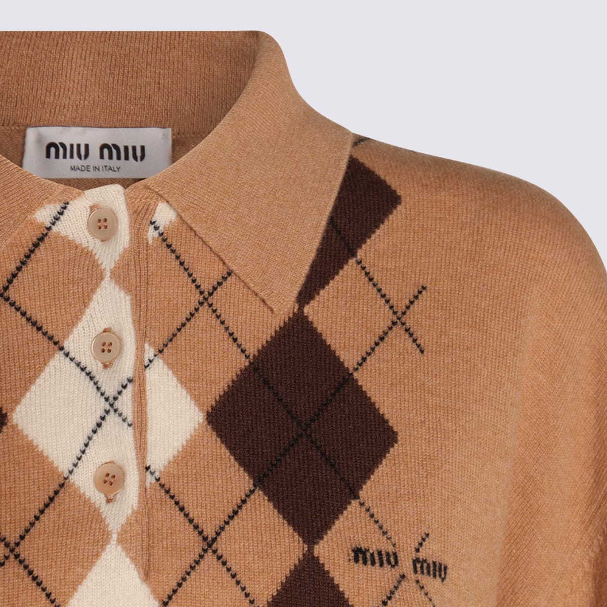 Miu Miu Argyle Pattern Cashmere Polo Pullover In Brown