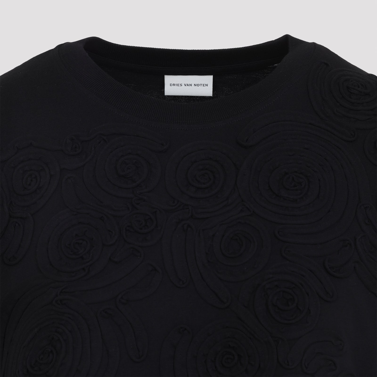 Dries Van Noten Black Short-sleeve T-shirt With Tonal Swirl Embroidery In Black