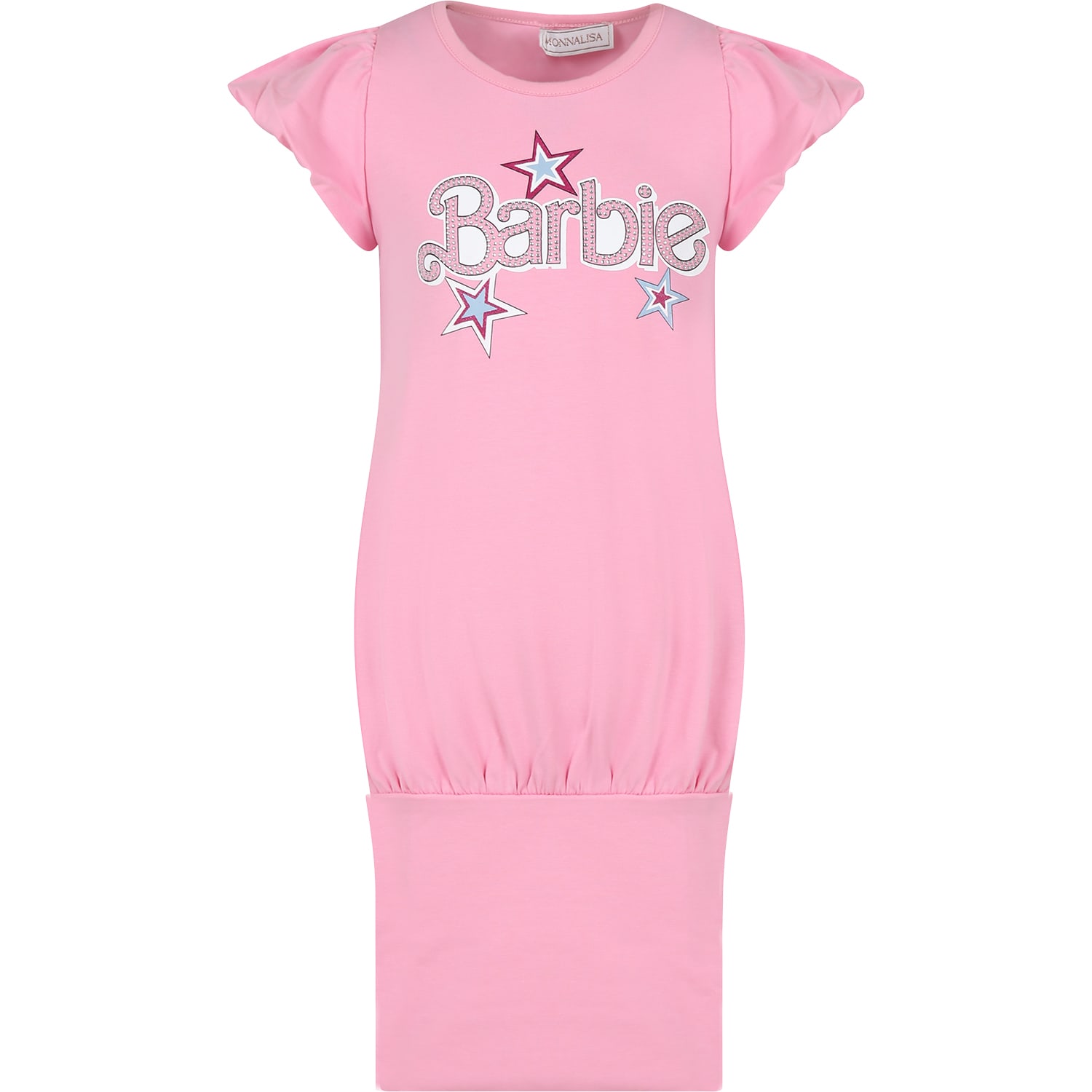 Shop Monnalisa Pink Dress For Girl With Writing And Rhinestone