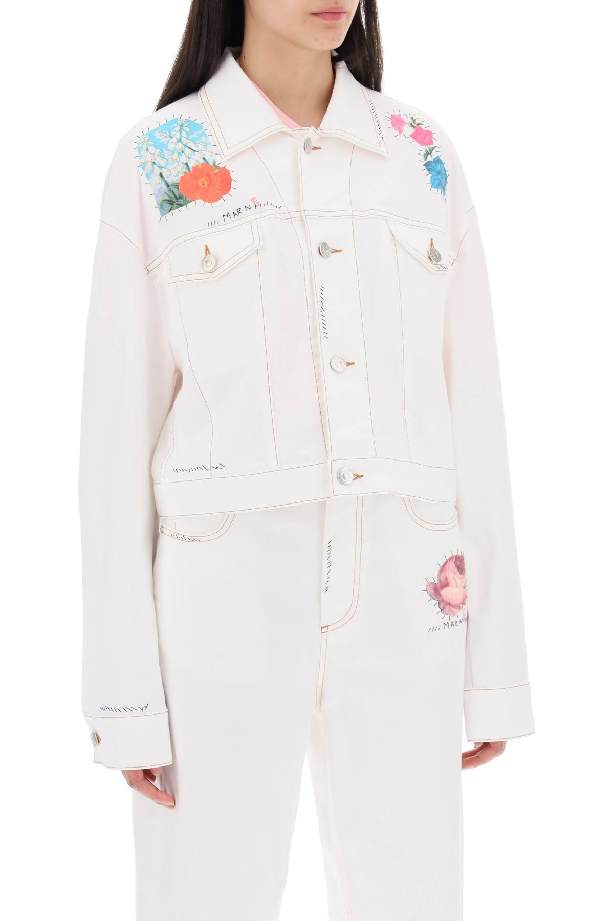 Shop Marni Cropped Denim Jacket With Flower Patches And Embroidery In Lily White (white)