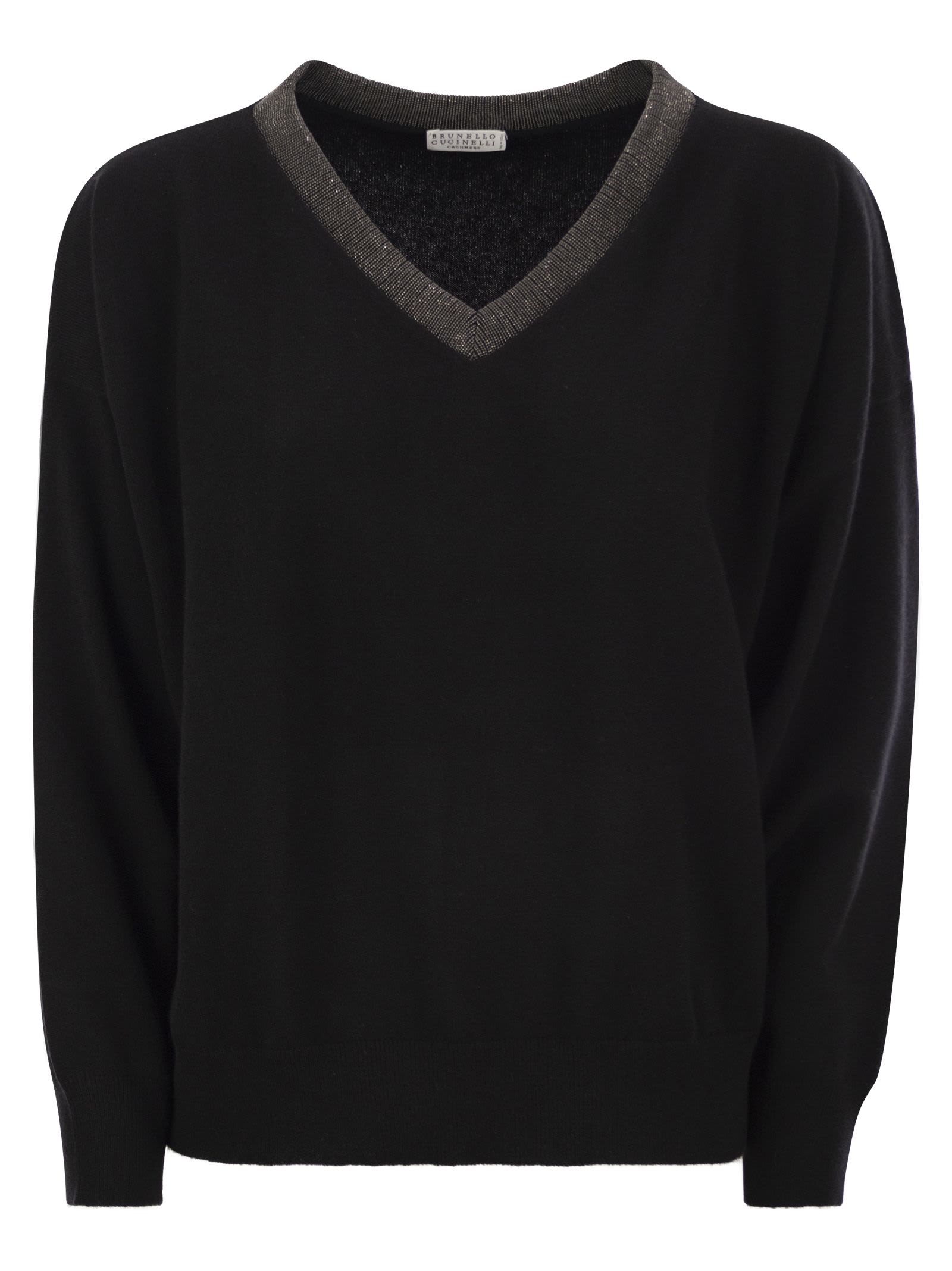 Shop Brunello Cucinelli Cashmere Sweater With Precious Ribbed Neckline In Black