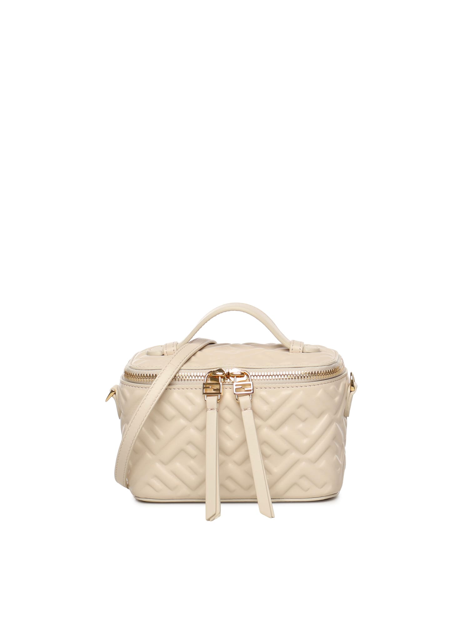 Fendi Vanity Handbag Adjustable Strap Embossed Pattern Top Handle In White