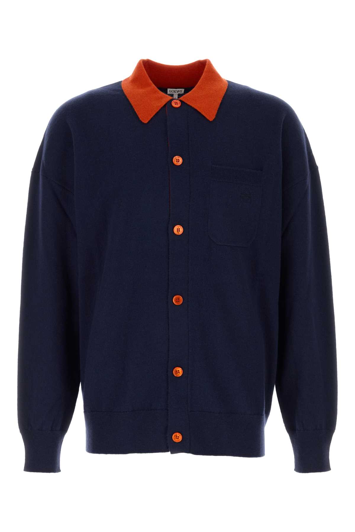 Loewe Wool Cardigan With Chest Pocket And Collar In Blue