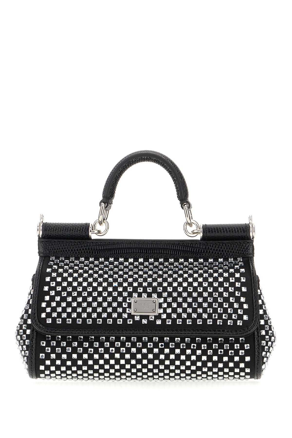 Shop Dolce & Gabbana Embellished Fabric And Calf Small Sicily Handbag In Nero Cristallo