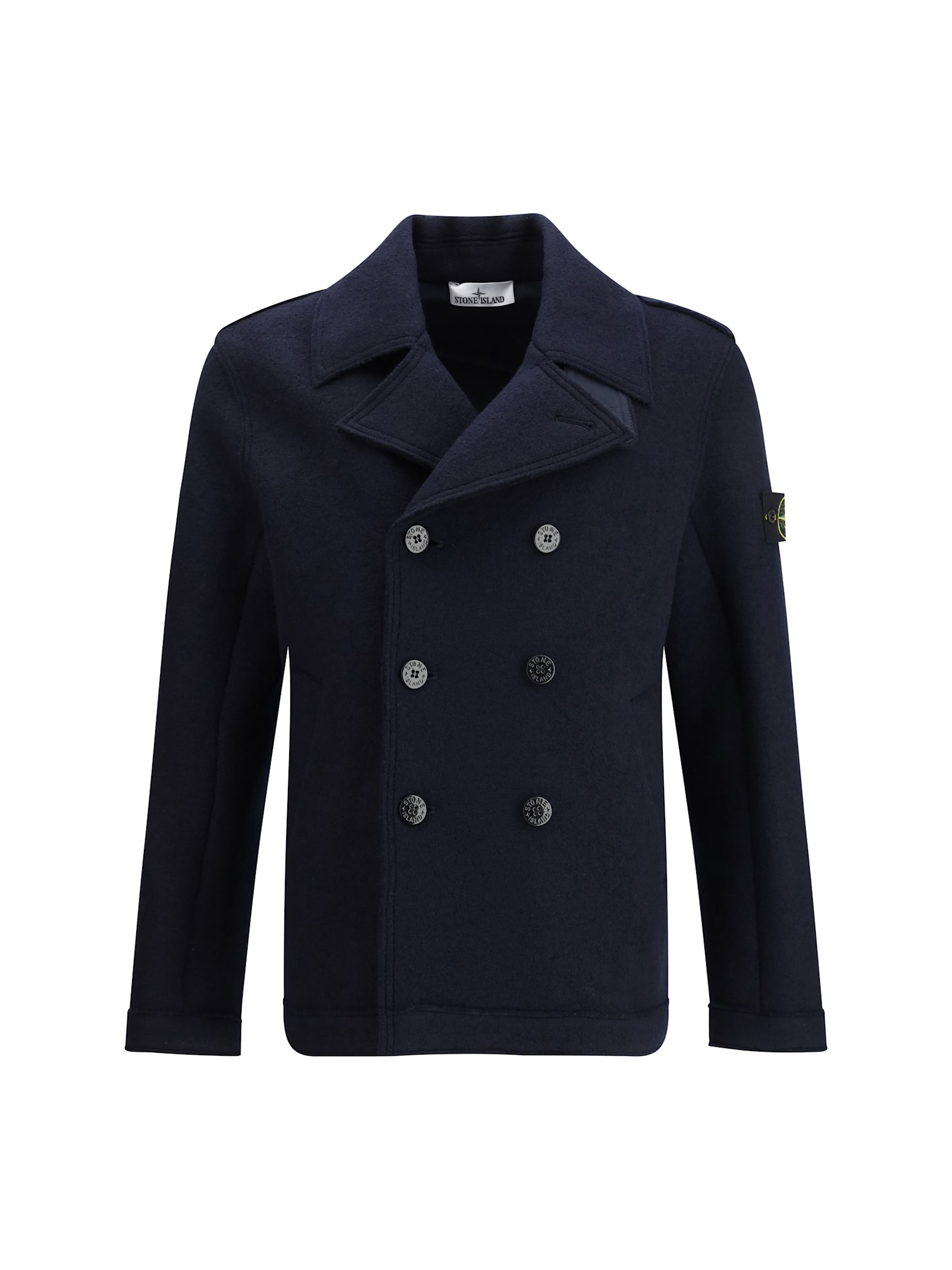 Stone Island Double-breasted Blue Coat With Structured Collar In Blue