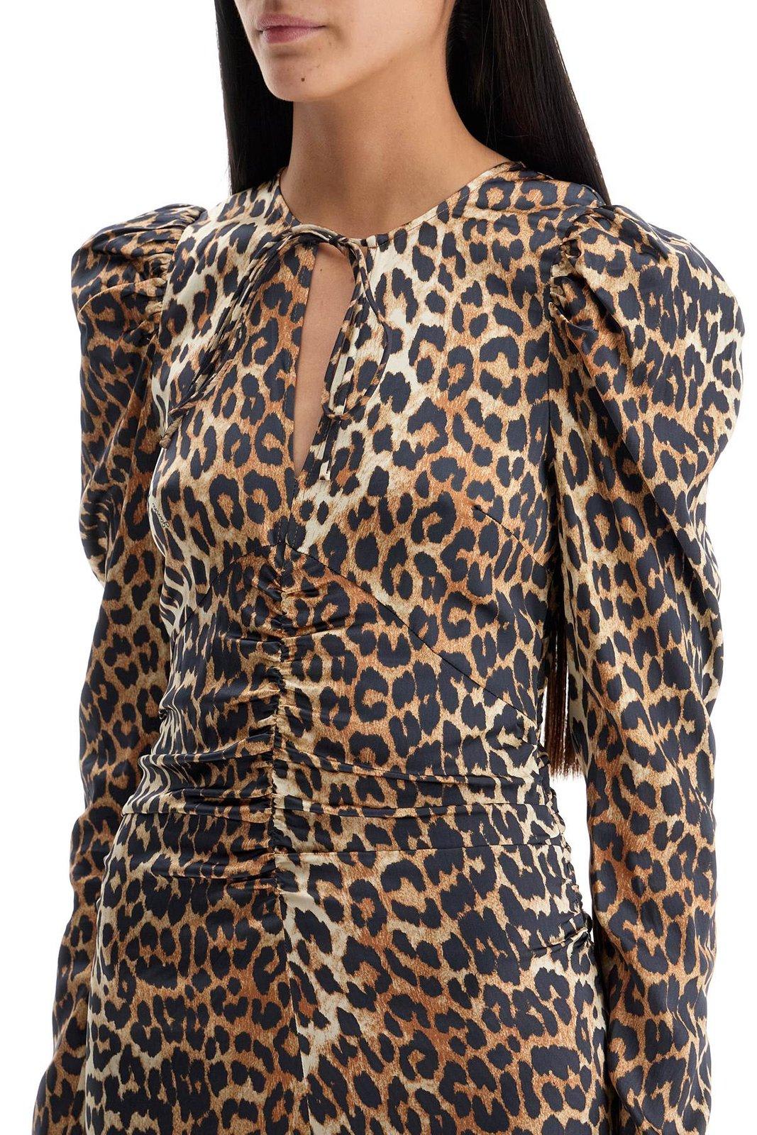 Ganni Leopard Print Midi Dress In Brown
