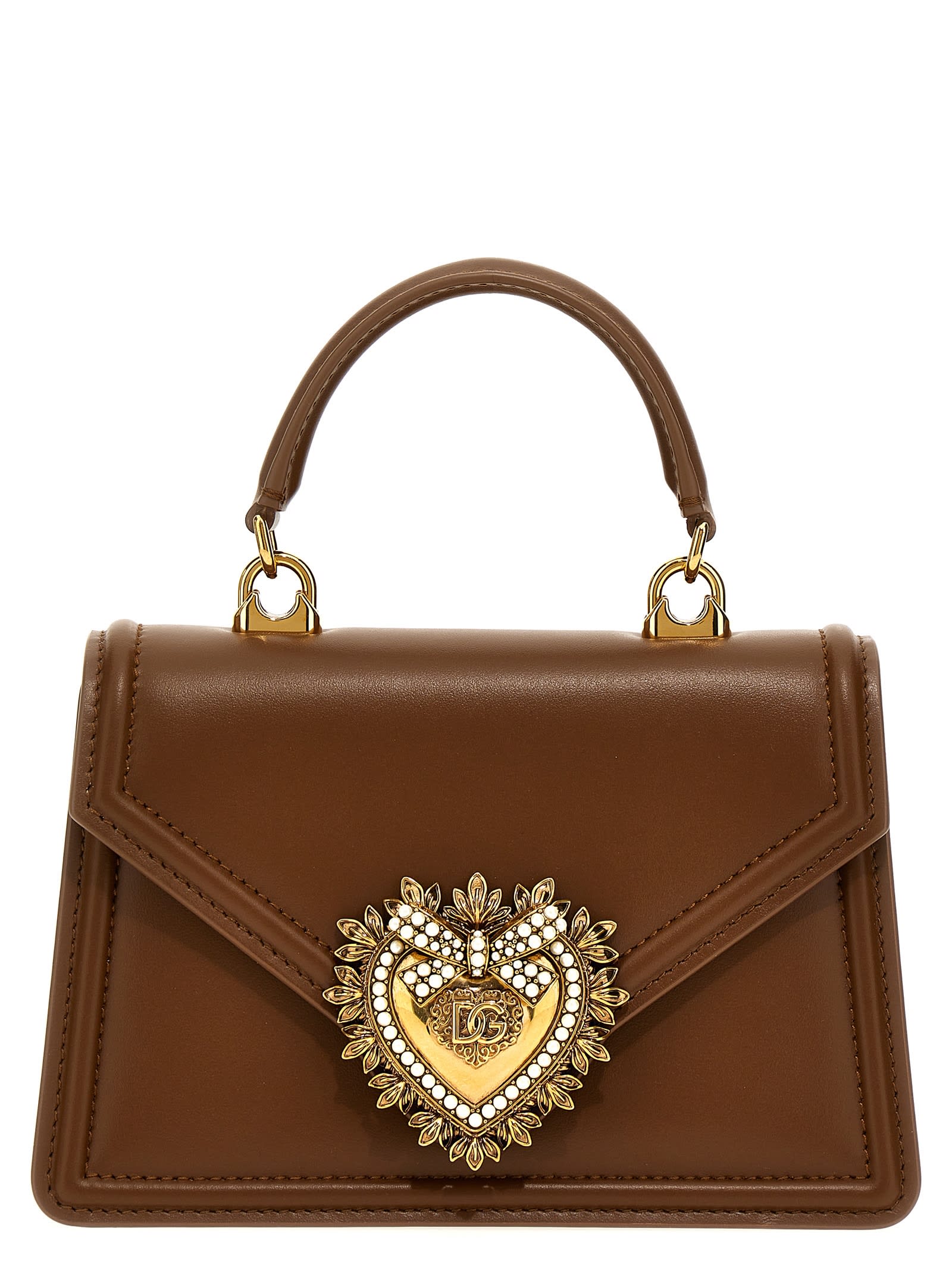 Dolce & Gabbana Heart Embellishment Small Leather Handbag In Brown