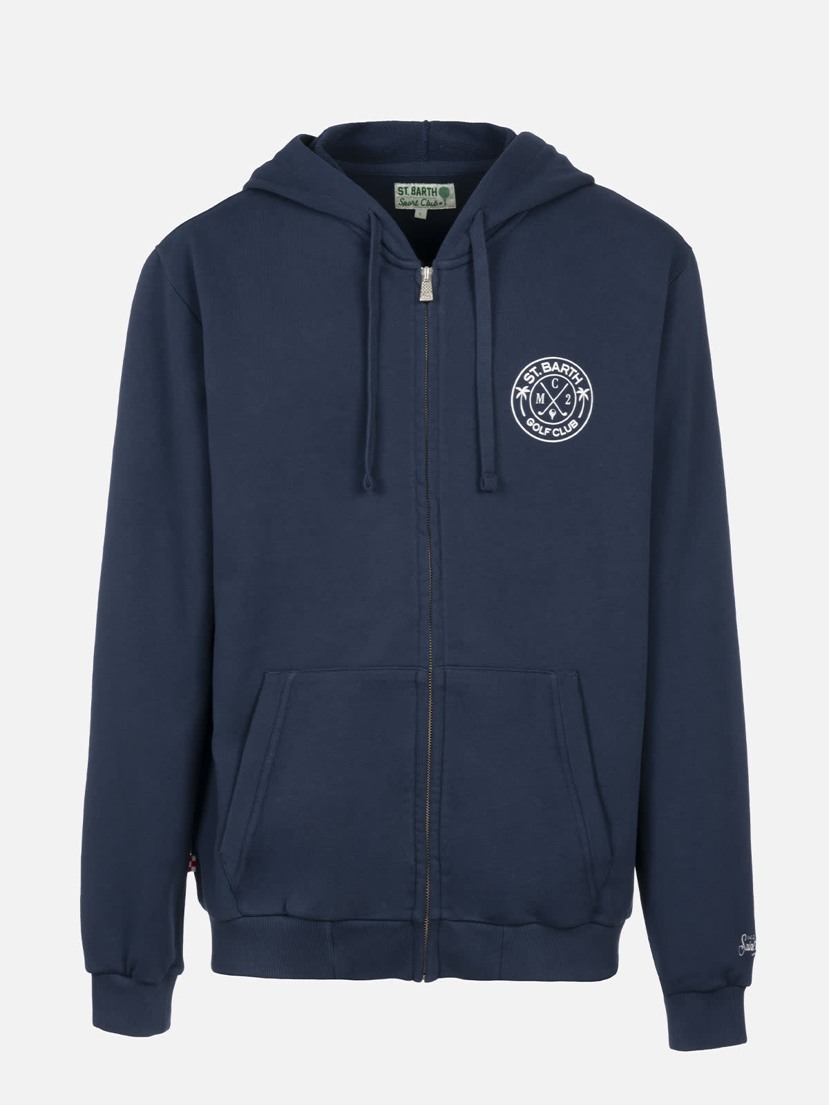 Mc2 Saint Barth Man Zipped Cotton Fleece Hoodie Danny With Front And Back Print In Blue
