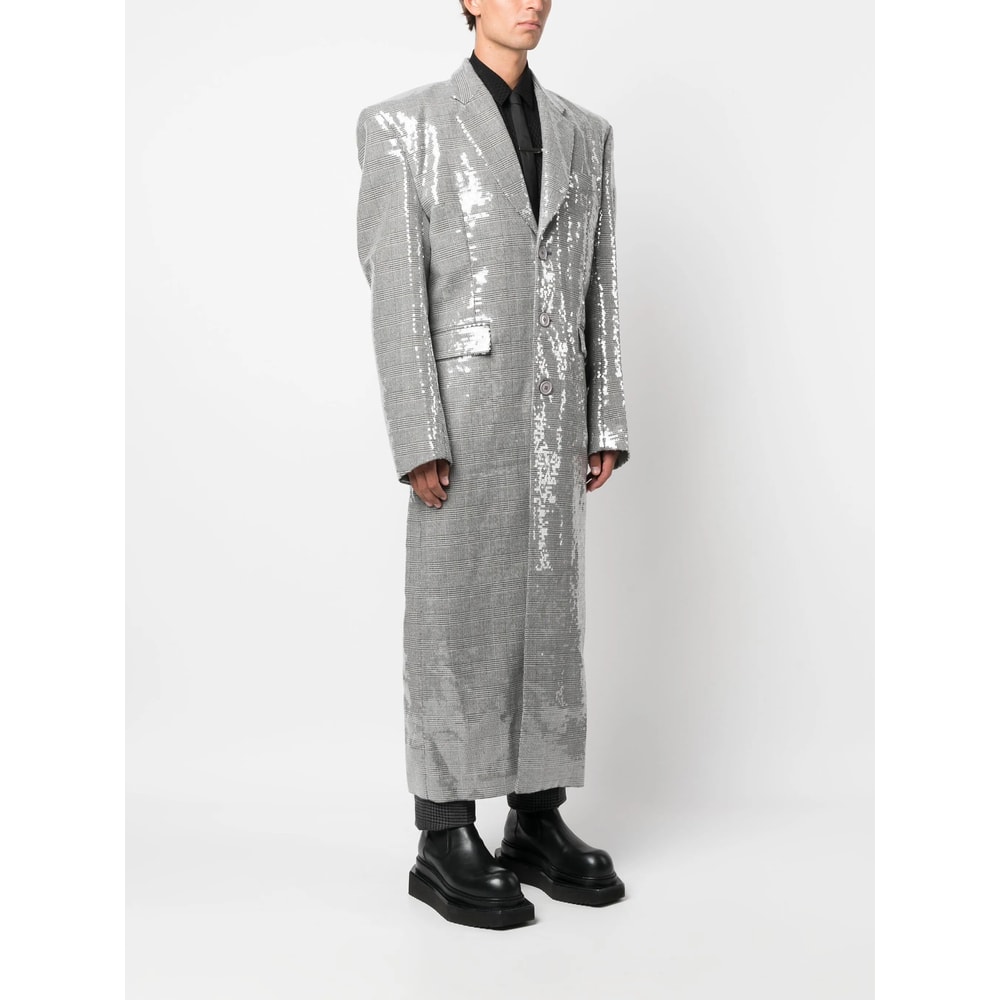 Vetements Sequin-embellished Checked Coat In Gray