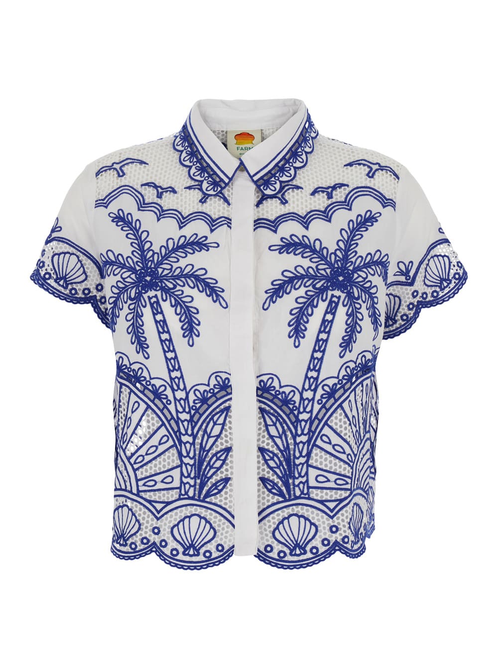 Blue Shirt With Classic Collar And All-over Palm Embroidery In Cotton Woman