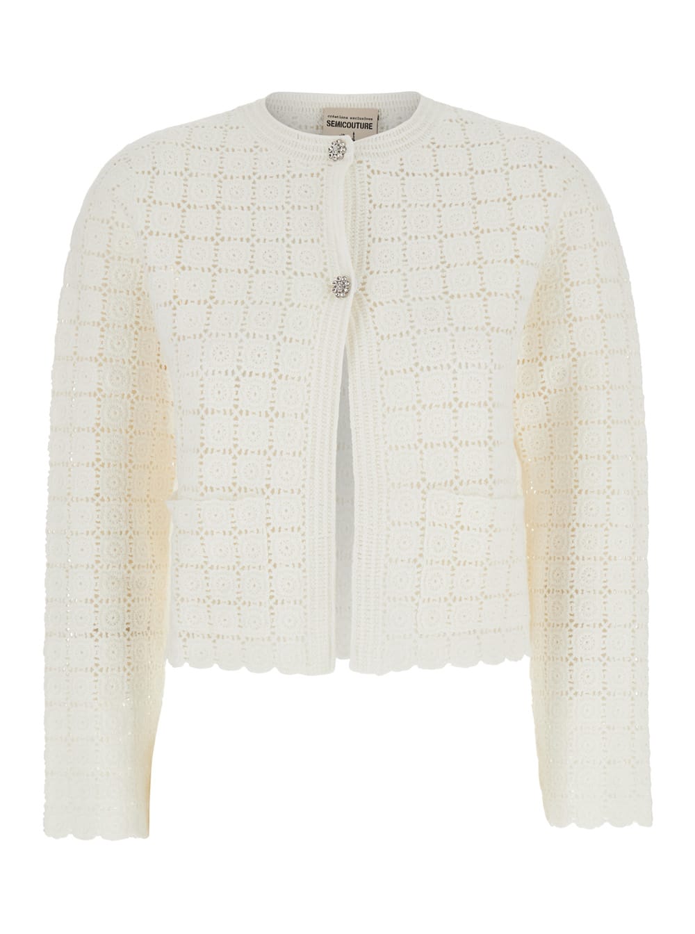 cassandra White Cropped Cardigan With Jewel Buttons In Cotton Woman