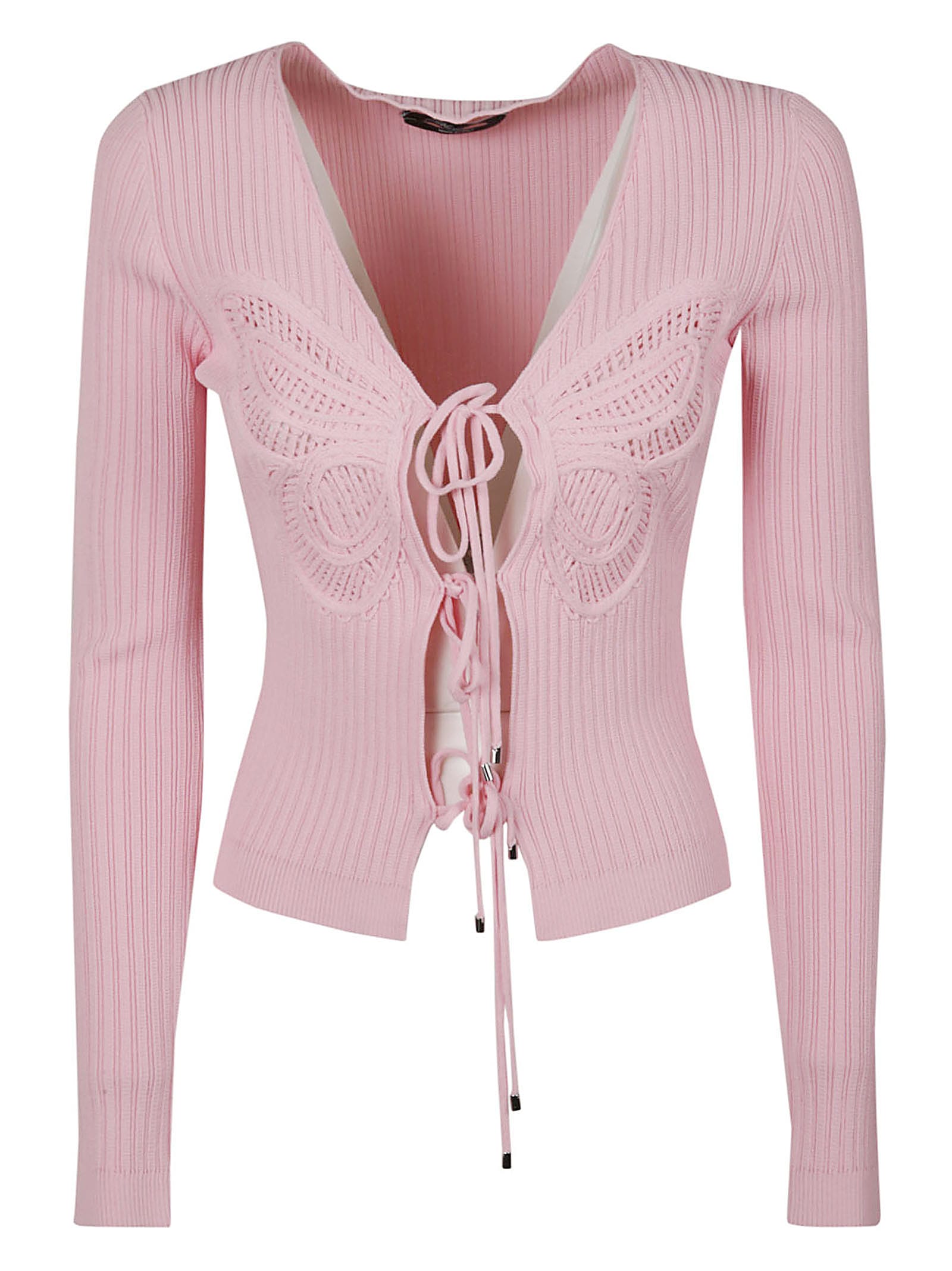Blumarine Butterfly Embroidered Tie Front Knit Cardigan