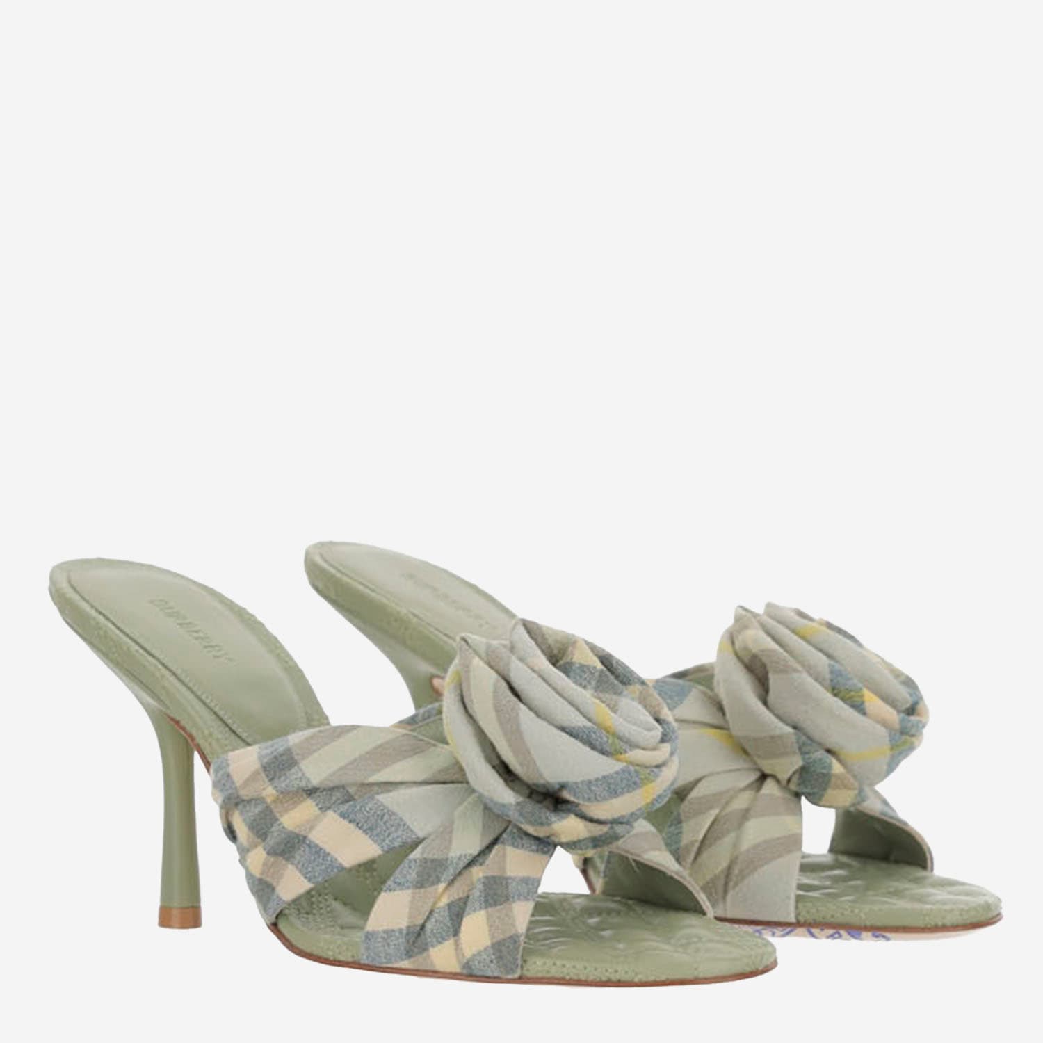 Shop Burberry Mews Rose Stretch Linen Blend Check Mules In Green