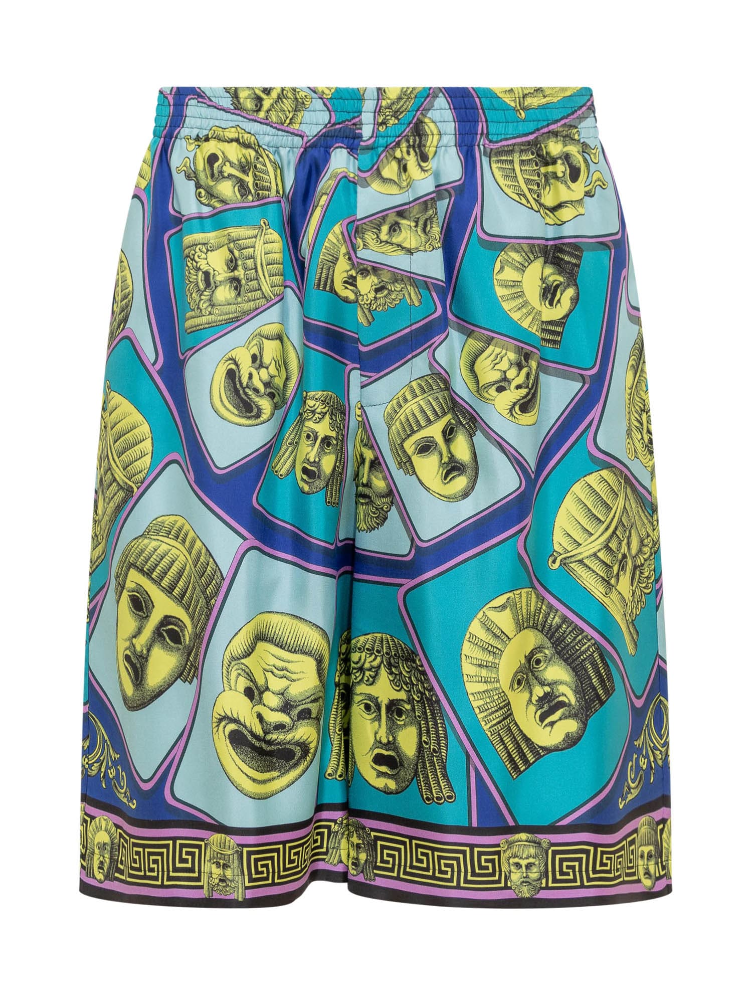 Versace Mask Print Silk Twill Shorts In Acid Green-teal