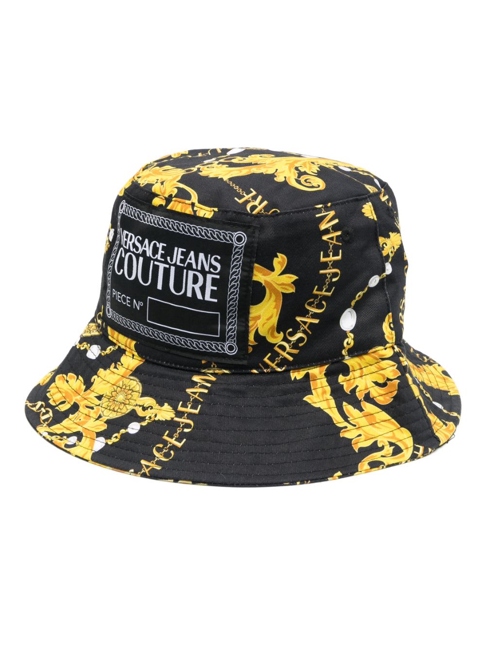 Shop Versace Jeans Couture Printed Chain Bucket Hat In Black Gold