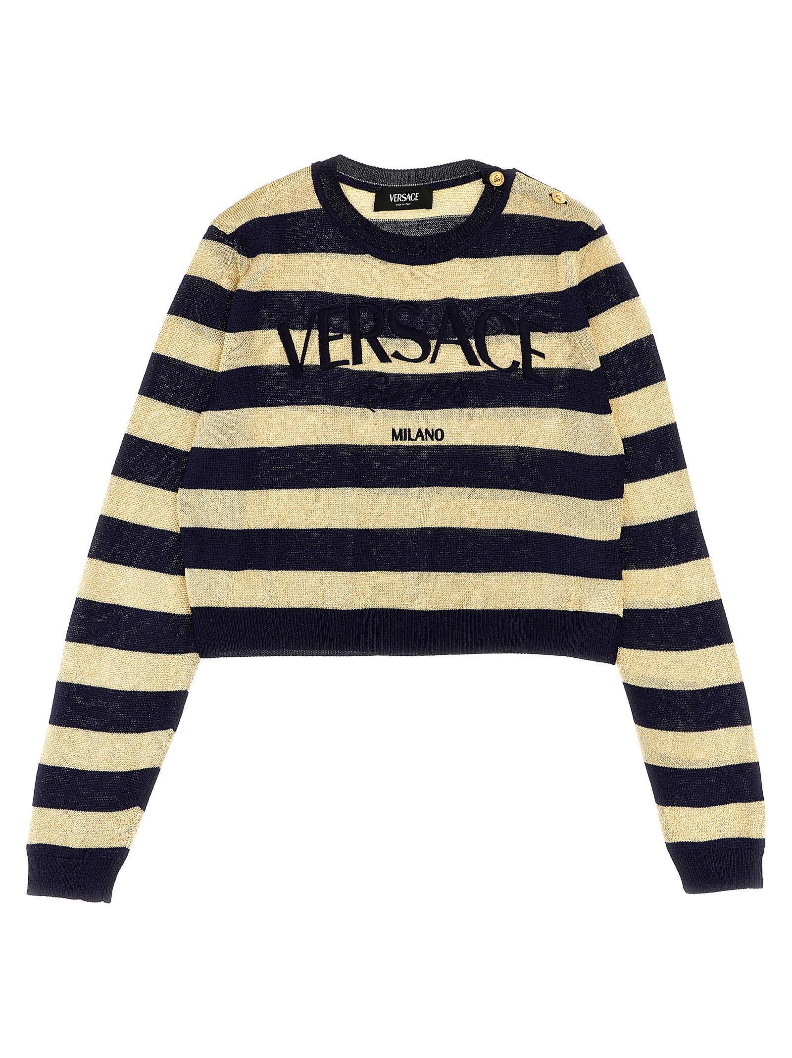 Shop Versace Lurex Striped Sweater With Logo Embroidery In Oro